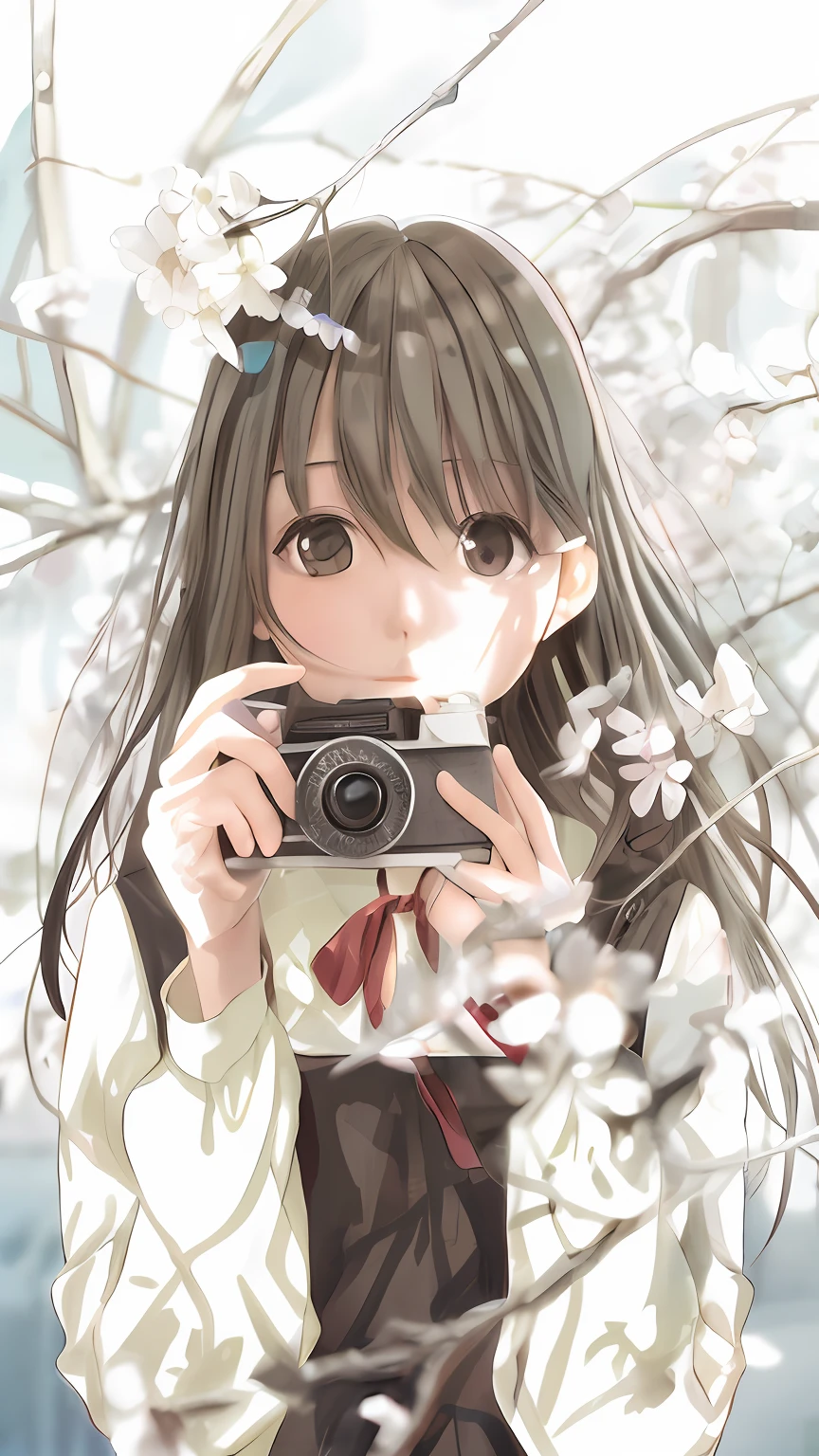 Anime girl taking pictures with camera in front of tree, The camera blooms, Anime Pictures, cute photograph, Anime style mixed with Fujifilm, close up iwakura lain, photographed, Cute anime girl, a-1 pictures, (Anime girl), camera looking up at her, !! Looking at the camera!!, pretty anime girl, a beautiful anime portrait