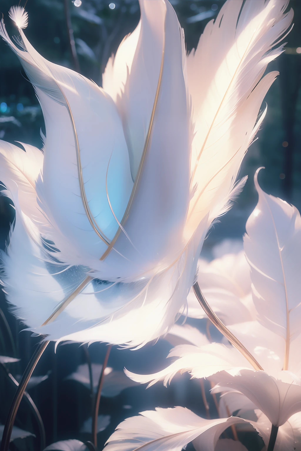 (((1 feather)))，the detail，closeup cleavage，Textured，Diamond gloss，goldtrim，The Arthur effect, Transparent body, Gradient translucent glass melt, Caustics, transparent glass texture, Irridescent color, Designed by Dietrams, Simple, Glows in high detail, white backgrounid, industrial design, studio lit, C4D, OC renderer, Clean shadows, 4K