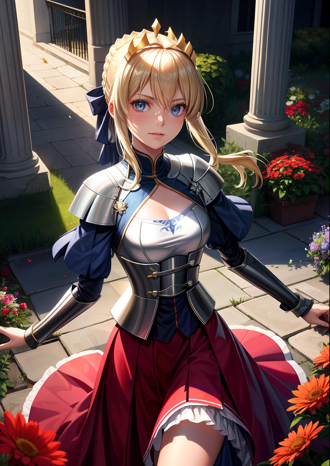 realisticlying，1girl，Artoria，glowing light eyes，Cut the top，a skirt，parted lip，Be red in the face，the night，fresh flowers，suns，rays of sunshine，