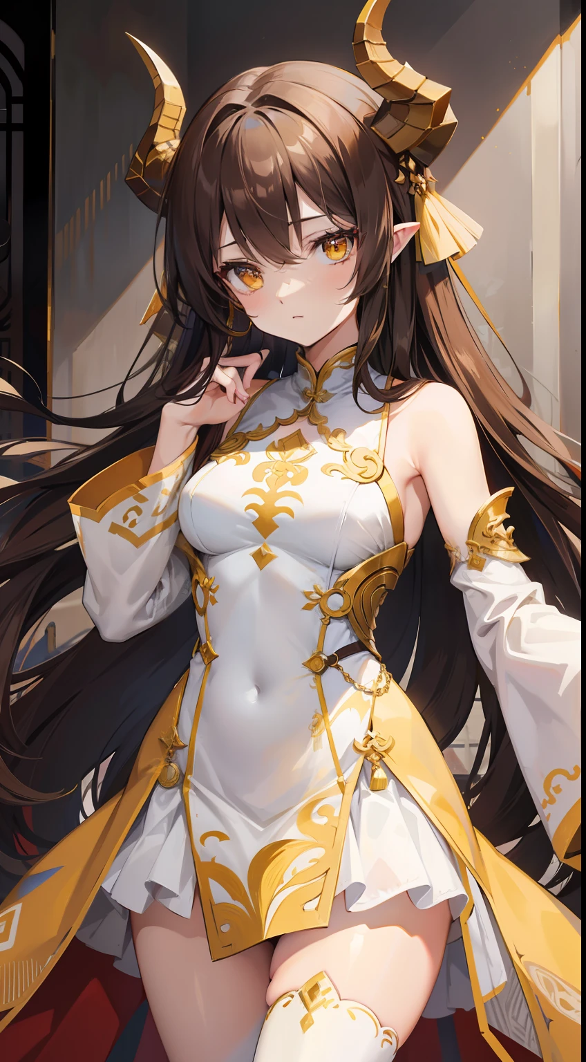 Tall girl, Long brown hair, dragon horns, Yellow eyes, white chinese dress, Gold inserts, open thighs, neckline on the chest, Masterpiece, hiquality