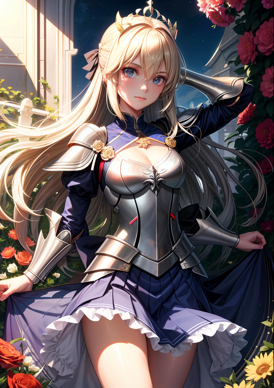 realisticlying,1girl,Artoria,glowing light eyes,Cut the top,a skirt,parted lip,Be red in the face,the night,fresh flowers,suns,rays of sunshine,