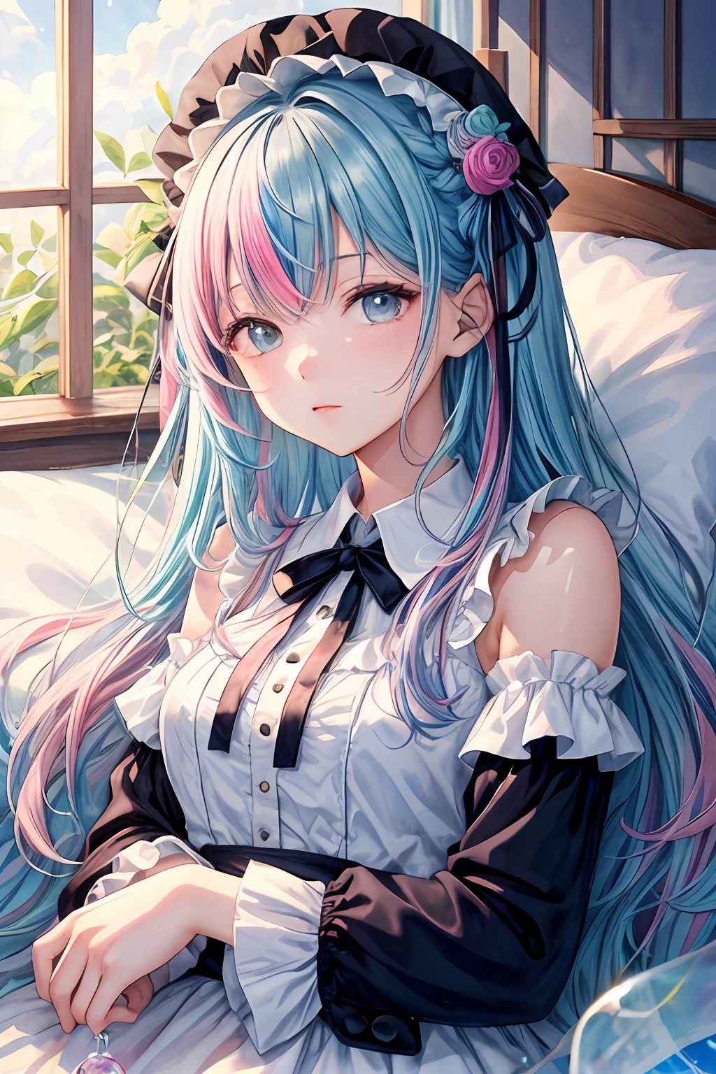 1girl, Yumekawa, dreamily cute, pale, moya, (masterpiece, highest quality, highest quality, watercolor (medium), official art, beautiful and aesthetic: 1.2), (two beautiful girls: 1.3), upper body, flirting, lesbian, lolita fashion, lolita, looking viewer, pattern, (iridescent hair, colorful hair, half blue and half pink hair: 1.2), soap bubbles, rainbow behind, clouds, colorful, soap bubbles, hair spread all over, cute, pastel, big ribbon, cute room, rainbow color, sleeping on bed, open eyes