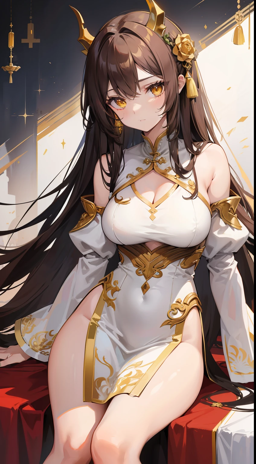 Tall girl, Long brown hair, dragon horns, Yellow eyes, white chinese dress, Gold inserts, open thighs, neckline on the chest, Masterpiece, hiquality
