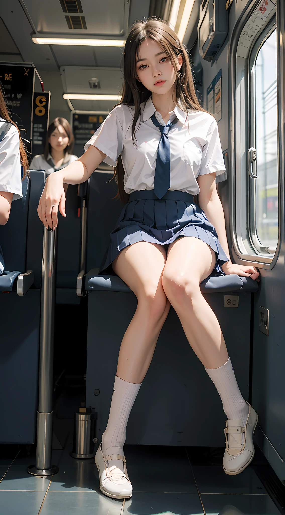 sitting in the train seat，Woman with legs crossed, Sitting on the train, Crossed legs, Legs crossed, legs taking your pov, sitting cross-legged, Surrealism female students, of a schoolgirl posing, wearing skirt and high socks, close-up on legs, legs visible, Wearing a Japanese school uniform, Surrealism female students