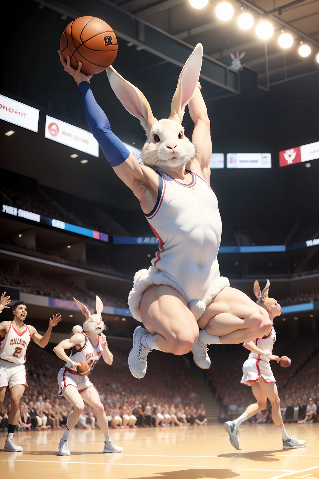 A group of rabbits playing basketball, digital art. Several athletic rabbits with numbered pinnies on furry backs are on a basketball court, focused looks in beady eyes. A brown rabbit dribbling a ball with front paws, pink nose twitching, floppy ears swaying as it moves. Under the net, a tall white rabbit uses powerful hind legs to leap up and tap ball into basket. Rabbits jumping with claws outstretched trying to block shots, fuzzy bodies boxing out opponents for rebounds. A fast break with a blur of cottontails and furry hindquarters. Vivid emotions conveyed through rabbits' body language and facial expressions. Realistic fur details with sheen of sweat on long ears. Bright court andblurry crowds in background. Fun, upbeat cartoon style
