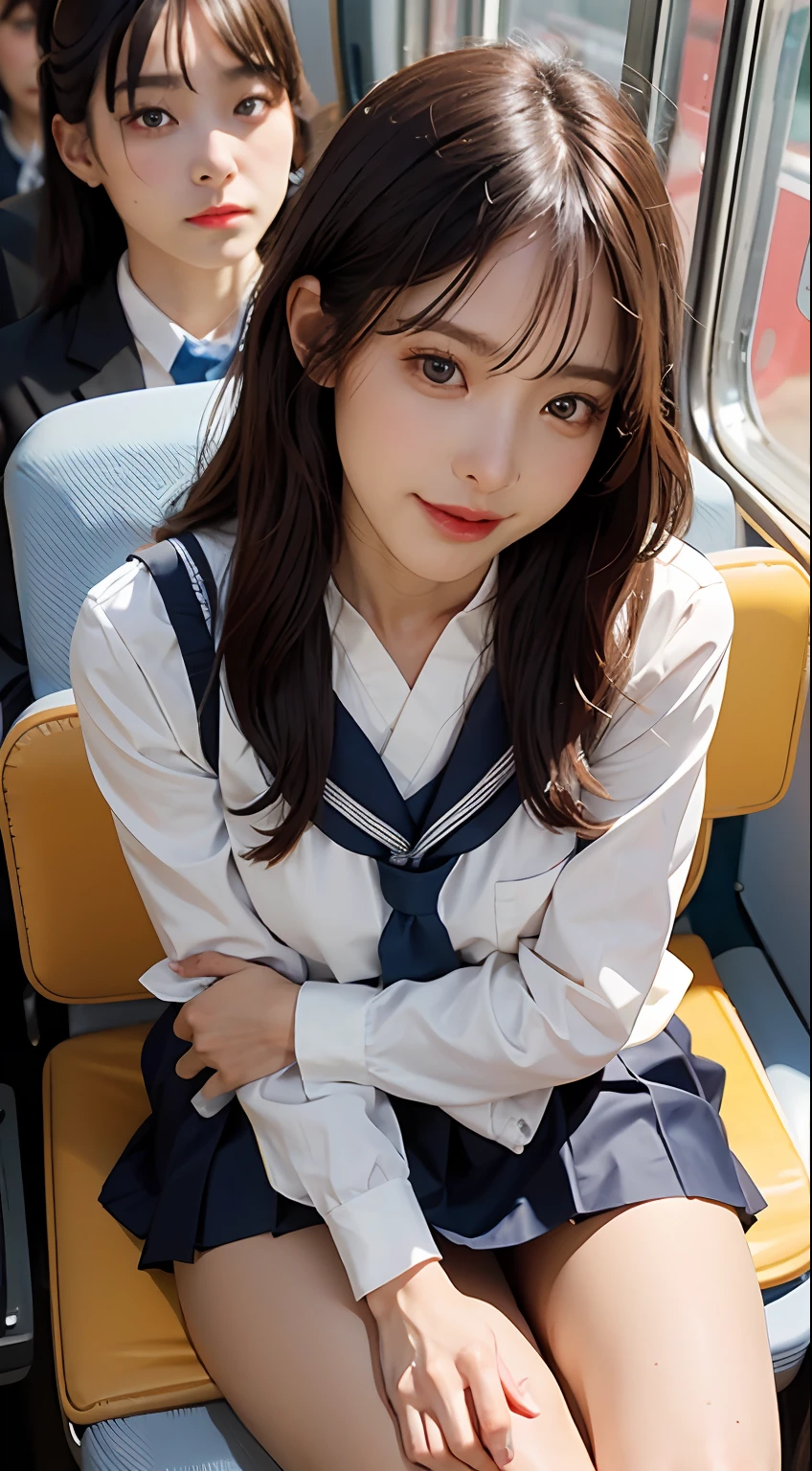 sitting in the train seat,Woman with legs crossed, Sitting on the train, Crossed legs, Legs crossed, legs taking your pov, sitting cross-legged, Surrealism female students, of a schoolgirl posing, Wear a skirt and white high heels, close-up on legs, legs visible, Wearing a Japanese school uniform, Surrealism female students