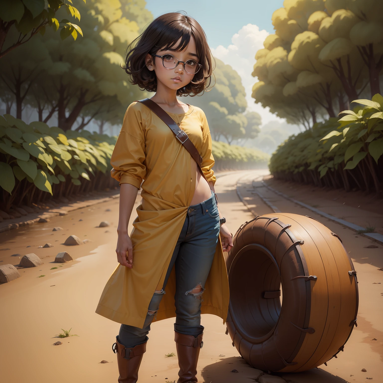 personagem de desenho animado, 8 anos, capa de chuva amarela, bota marrom, cabelo rabo de cavalo,sem oculos, sem chapeu