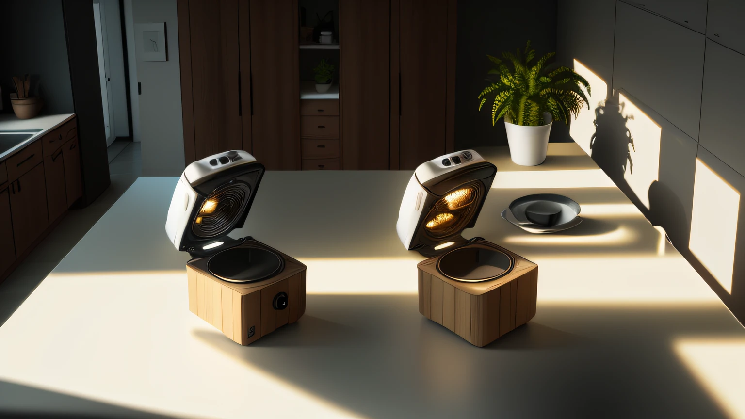 Air fryer placed on the table，（（photograph realistic）），（（Interior design）），（（modern day））Big breasts and big breasts（（eco）），（（Mood board）），（（architectural photography）），Dynamic perspective，dynamic angle，natural  lightting&gt;artificial lights，some plants，（（wood furnishings：1.2|\[metal furniture\]：0.8）），（（brick walls：1.1），（White wall），（Lots of natural light）），Spacious living area，earth colors，（（No Man）），Just furniture and plants，Chiaroscuro, hyper HD, 8K, Best picture quality ,realisticlying，Foto realism，cupboard，Lens perspective blur，Bright lights，Realistic lighting