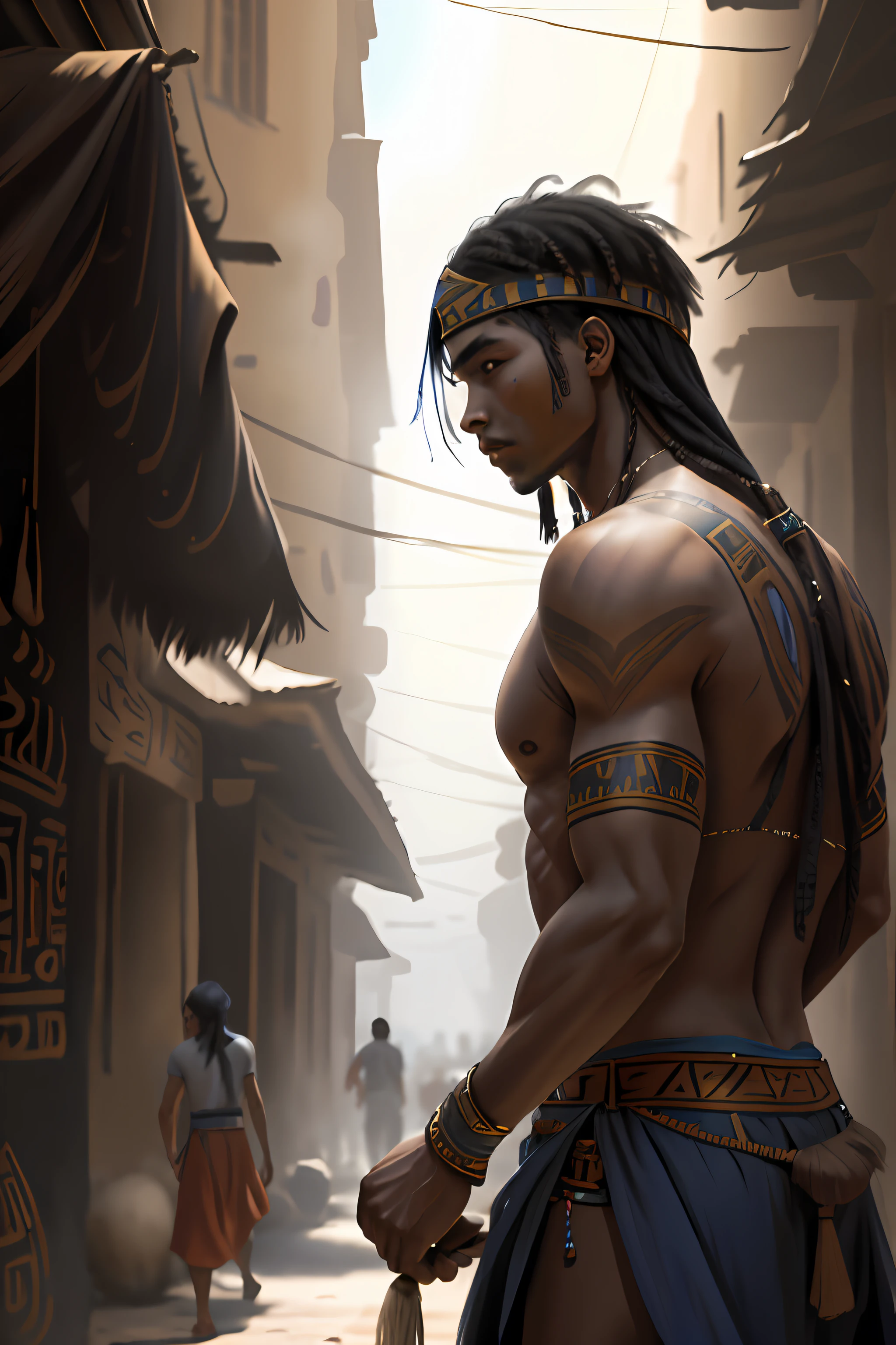 cabello color azul,The -yeld boith straight hair with his back uncovered and his chest bare but dressed in typical clothes of ancient Egypt with dark skin walking lost through the different streets of a city is noon. doferentes angulos mira la ciudad desde lo slto de una colina.