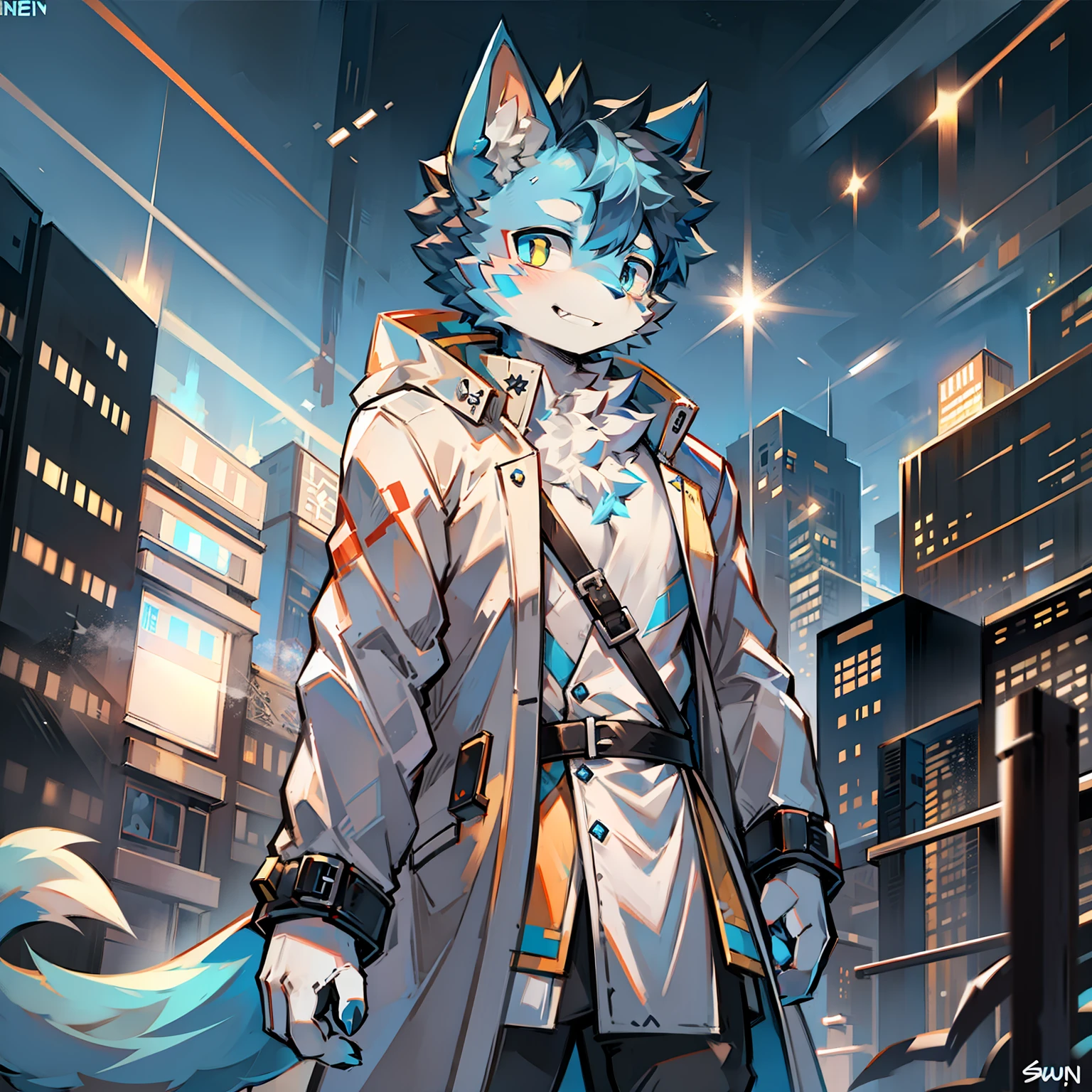 Cybermetropolis，Thunder，drifting snow，Male blue cat，Chinese trench coat，firmament，shoun