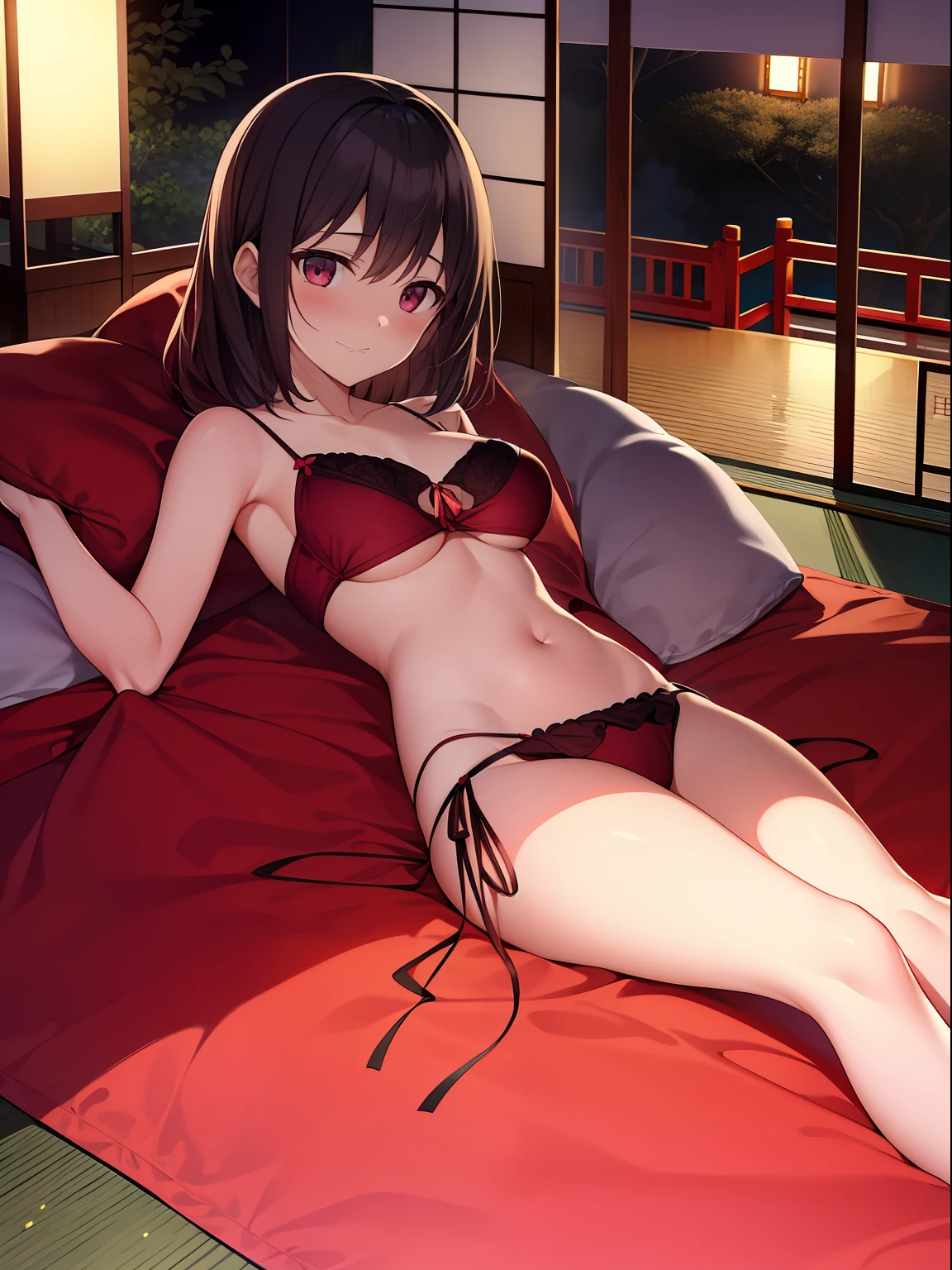 Pubic area is clear,4k wallpaper,HighestQuali,Portrait Photogram,1 teenage girl,Burgundy silk nightdress(Golden peony flower pattern),Reallightandshadow,warmly lit,Japanese-style bedroom,Red silk sheets,Japanese-style garden architecture,nighttime scene,The upper part of the body,waistup,smallunderboob