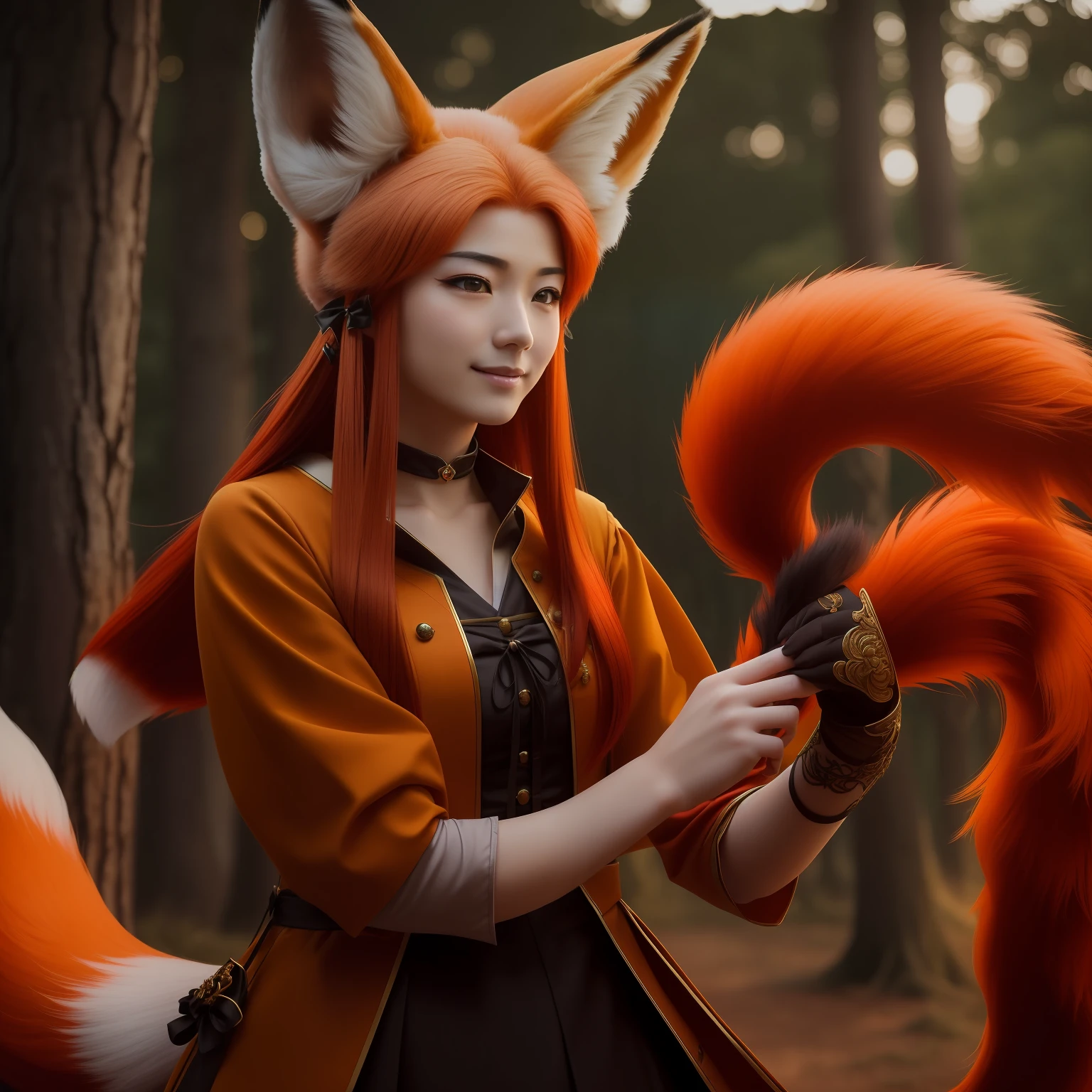 ((Best Picture Quality, 8k, tmasterpiece: 1.3)), self-shot, Sharp focus: 1.2, A cute beauty with a perfect figure: : 1.2, (Dressed in witch costumes,Highly delicate hands,Happy expression,standing on your feet:1.2),Highly detailed facial and skin texture,Detailed eyes,二重まぶた,beast ear,There is a fox's tail behind him,red tinted hair