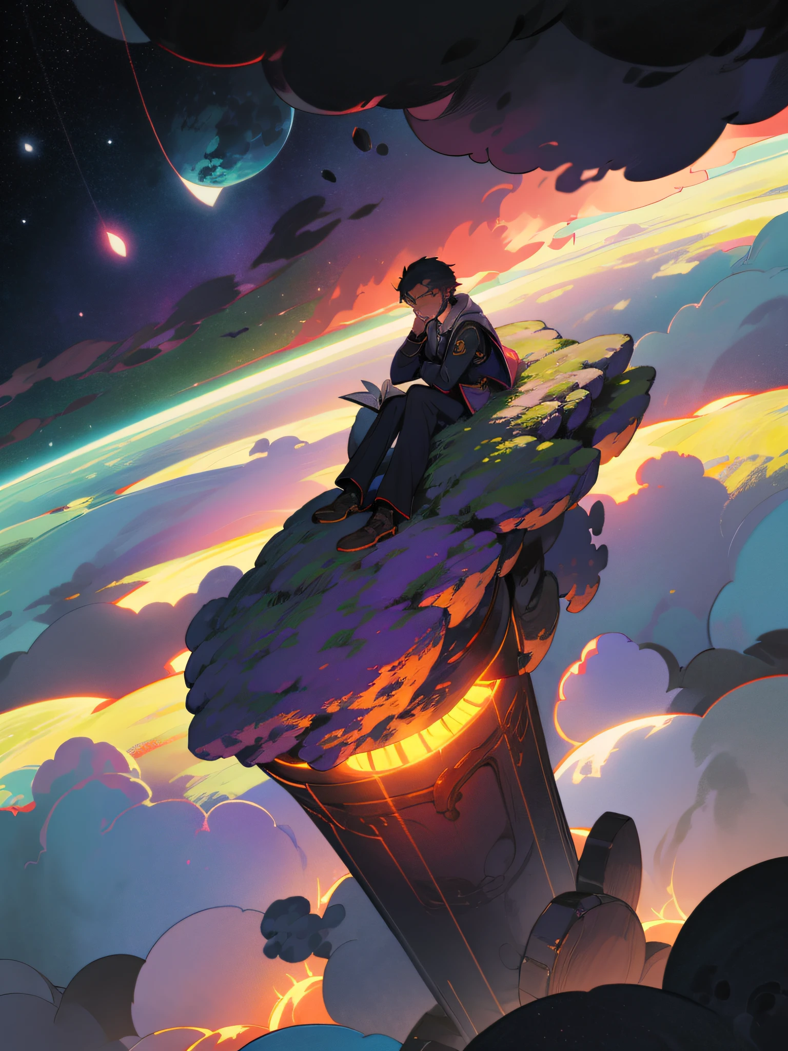Draw a young programmer, sitting on a research platform floating in the middle of an asteroid belt. He is studying with a notebook, surrounded by several asteroids glowing with fiery auras. Dramatic lighting from distant stars and planets illuminates the scene, casting deep shadows on the suit. The young man looks confident and determined, looking at the vast and mysterious universe with wonder and respect,facial hair, cowboy shot,