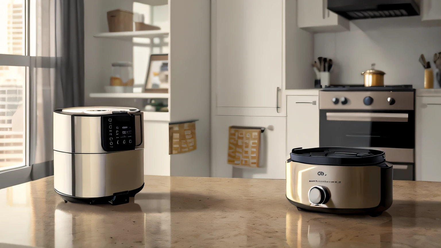 Air fryer placed on the table, Food next to it,Off-white style,In the distance are cabinets,Minimalist style,hyper HD, 8K, Best picture quality ,realisticlying,Foto realism,cupboard,Lens perspective blur,