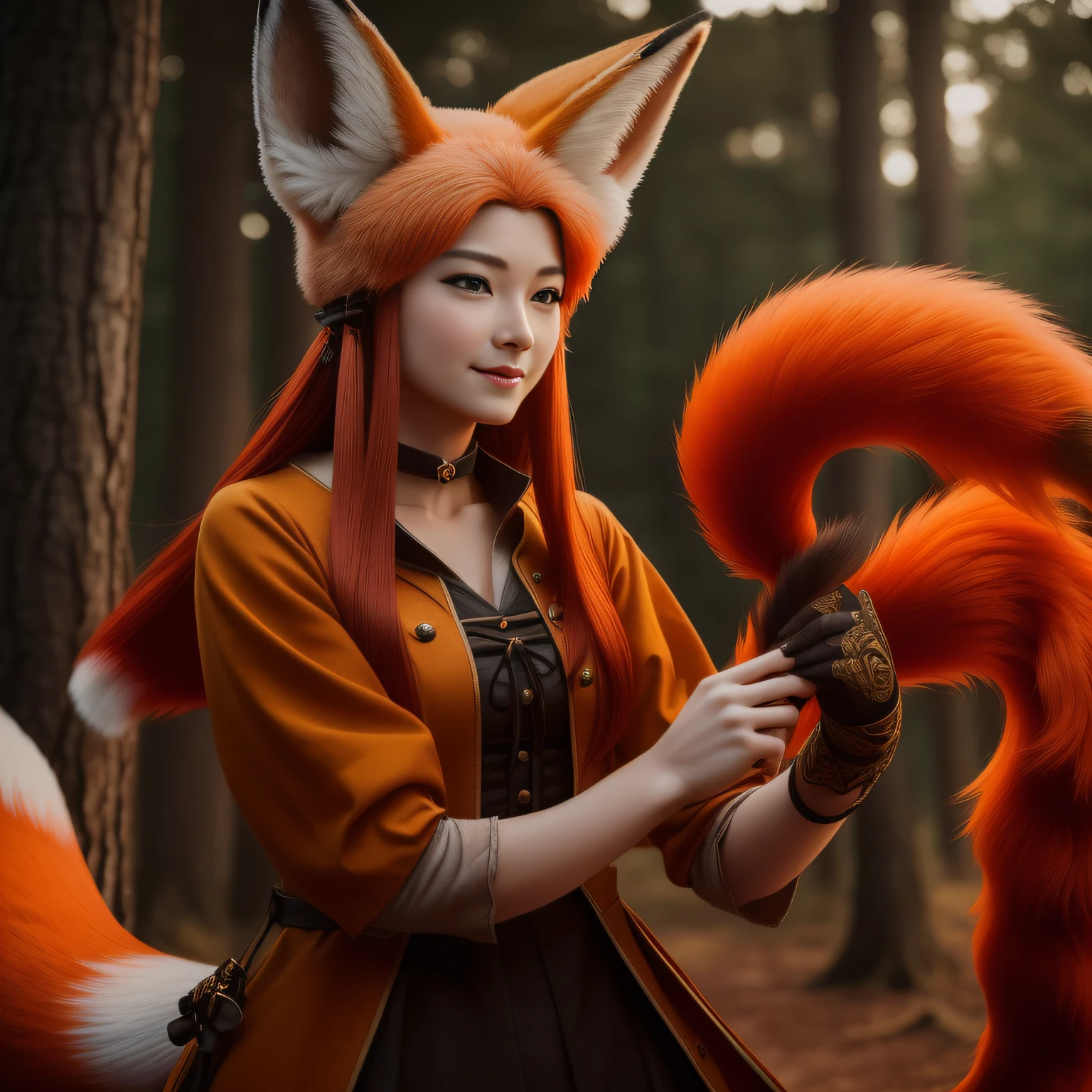 ((Best Picture Quality, 8k, tmasterpiece: 1.3)), self-shot, Sharp focus: 1.2, A cute beauty with a perfect figure: : 1.2, (Dressed in witch costumes,Highly delicate hands,Happy expression,standing on your feet:1.2),Highly detailed facial and skin texture,Detailed eyes,二重まぶた,beast ear,There is a fox's tail behind him,red tinted hair