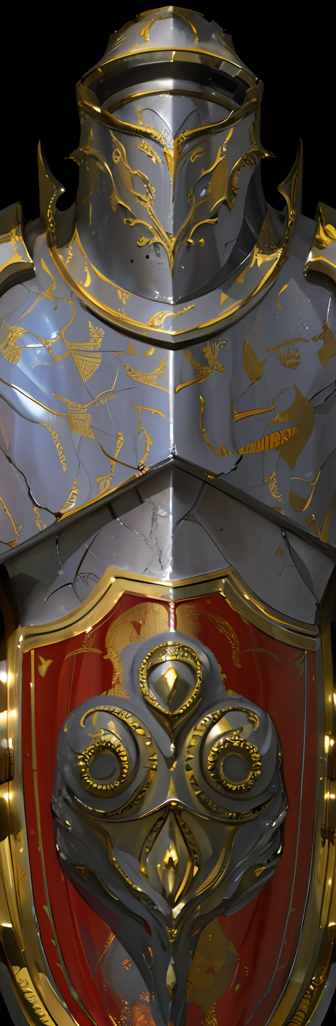Close-up of shiny armor with red and gold shields, art nouveau octane render, rendered in houdini, intricately details. illusory engine, Obras de arte intrincadas. rendering by octane, detail render, unreal detail, polycount contest winner, 4 K detail fantasy, dramatic lighting hyper detail, 3d magical details, intricate detail realism hdr, intricate ornate anime cgi style