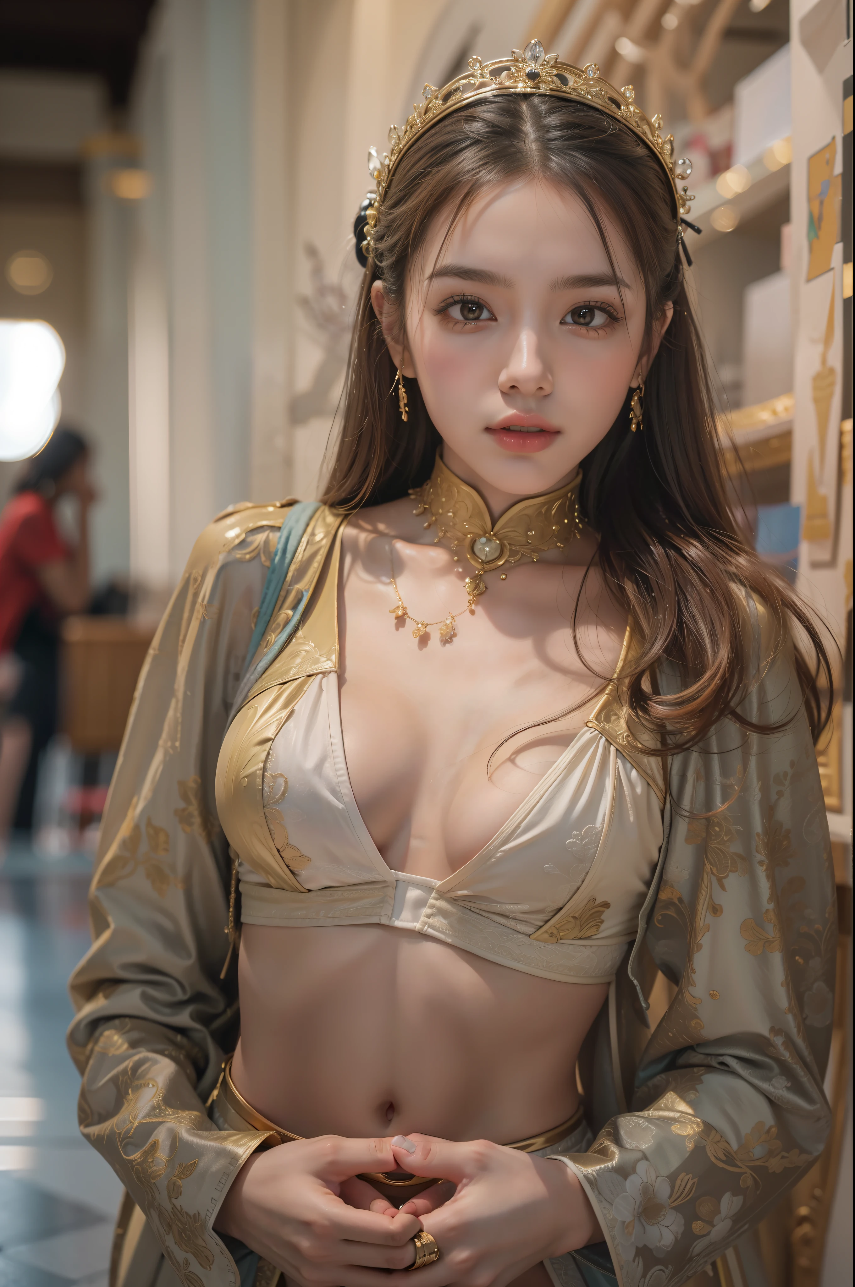 Model woman posing, The cutest 20-year-old beauty, The background is a room in the museum, Very long hair, Open chest costume, Revealing costumes, Gradient Eyes, Seductive makeup, Show Lighting, , One-person viewpoint, canon, nffsw, retinas, masutepiece, ccurate, Anatomically correct, Textured skin, Super Detail, high details, High quality, awardwinning, Best Quality, hight resolution, 1080p, hard disk, 4K, 8K, 16 K