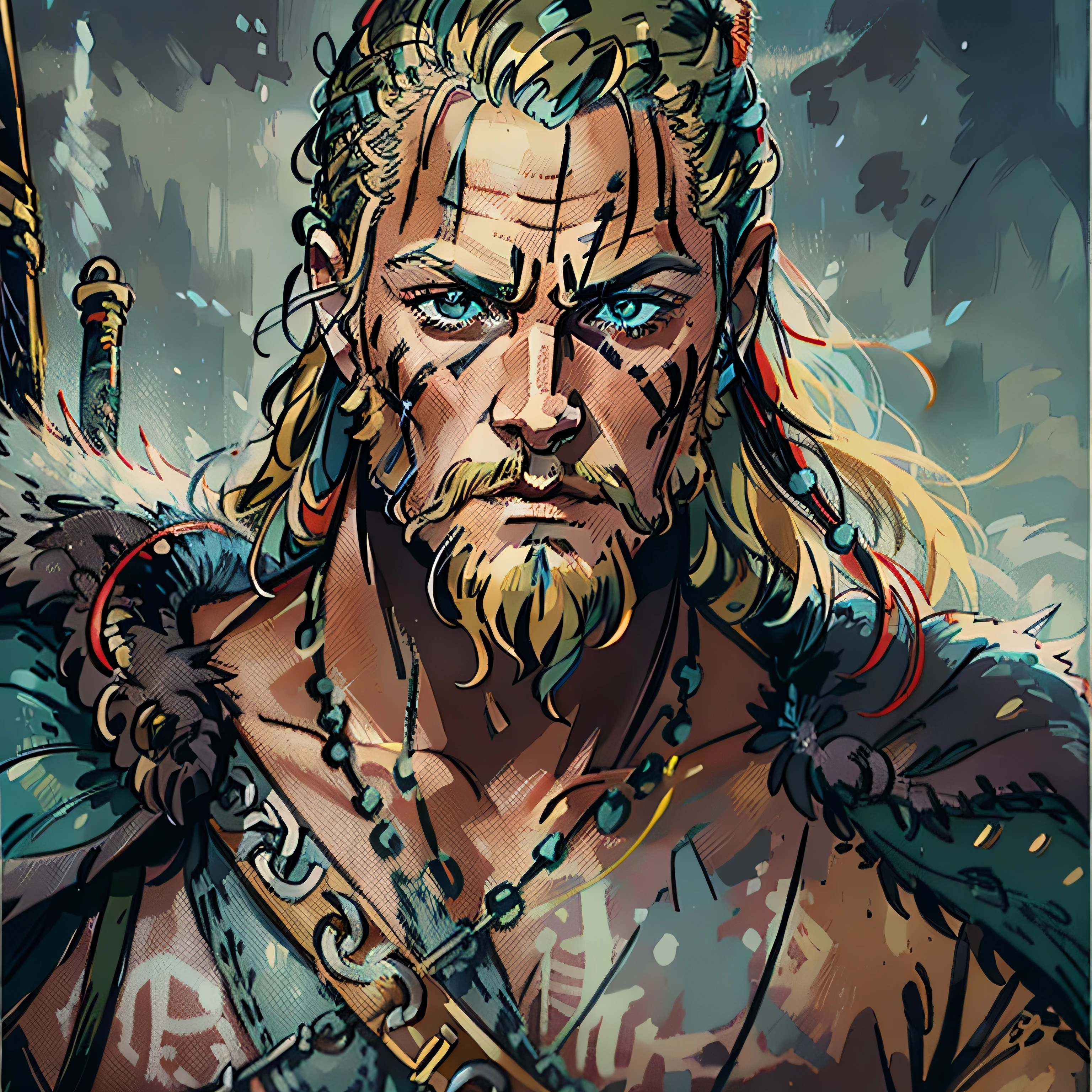 Travis Fimmel look a like, viking warrior, rpg character, medieval fantasy, close up portrait, male, rich, deep blue eyes