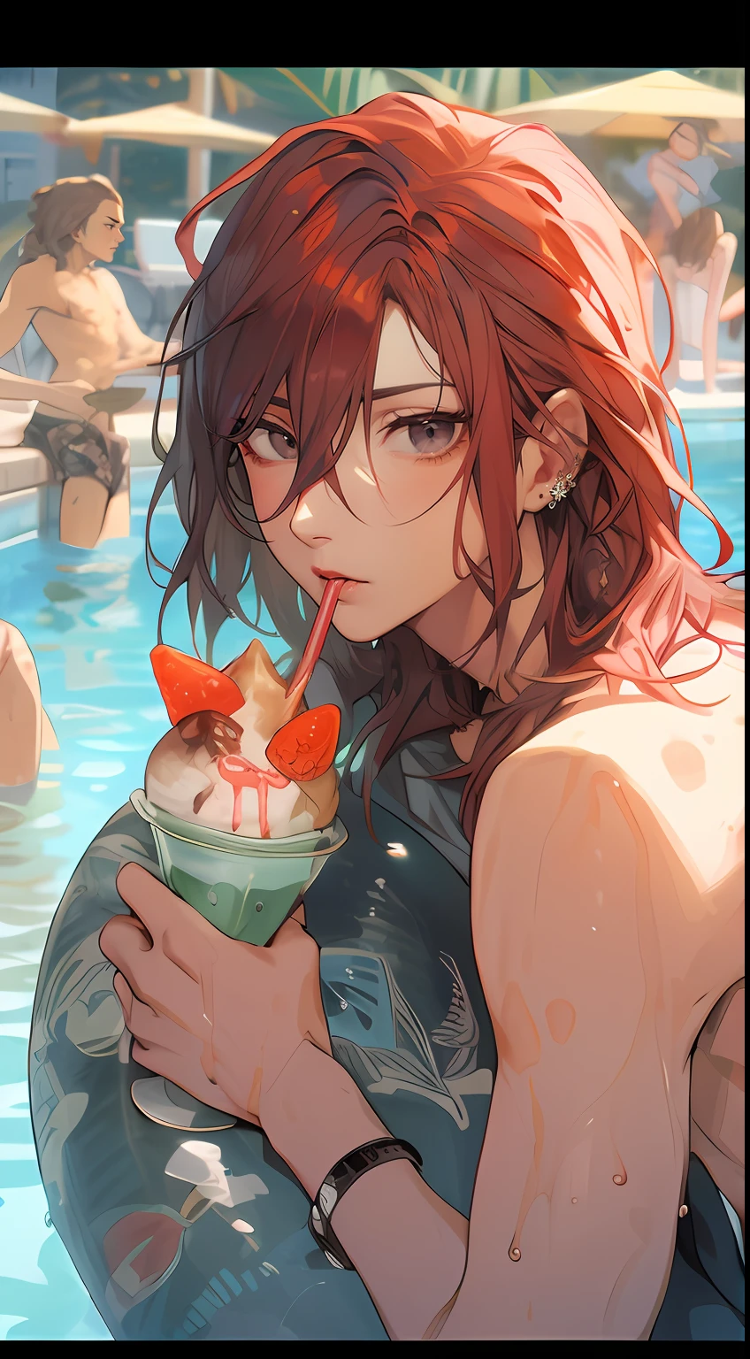 ((male people))、((Gray eyes))、red hairs、((Eye of the cut))、Hanging eyes、Lustrous lips、straw