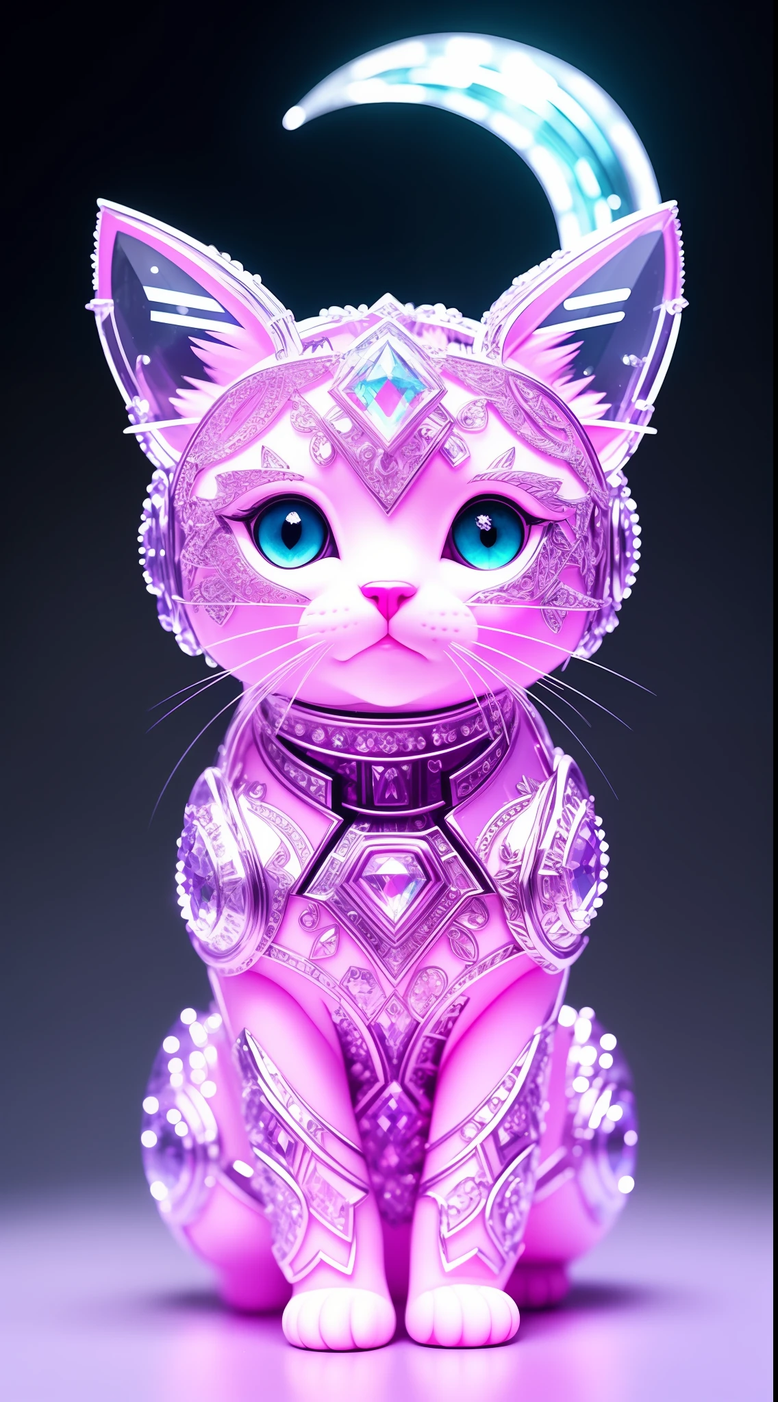 A cute crystal kitten，made of crystals, full bodyesbian, 4K, (Cyborg:1.1), ([Tail|thin linework]:1.3), (intricately details), hdr, (intricately details, Super detail:1.2), Cinematography, centering, Cute kitten made of crystal, 4K, (Cyborg:1.1), ([Tail|thin linework]:1.3), (intricately details), hdr, (intricately details, Super detail:1.2), Cinematography, centering，in pink，ssmile，looking to the right