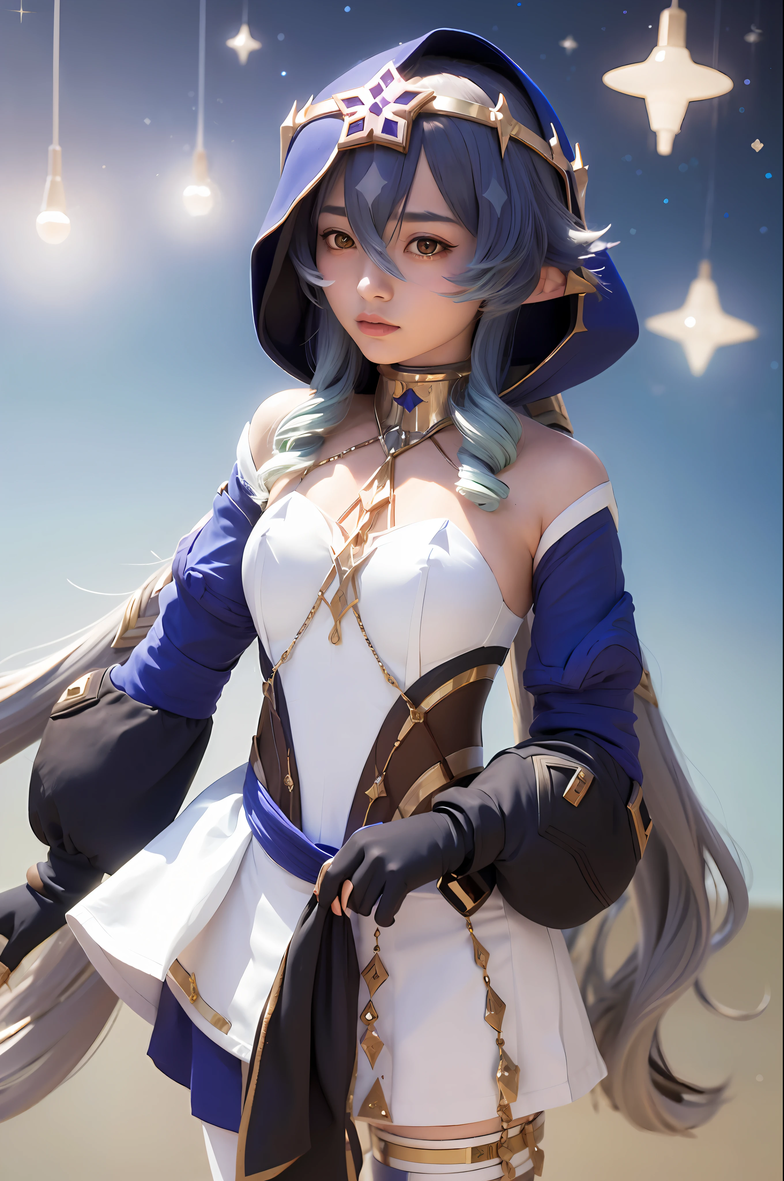 (masterpiece, best quality:1.2), cowboy shot, solo, 1girl, layla, expressionless, closed mouth, looking at viewer, twin drills, drill locks, hood, long sleeves, juliet sleeves, white pantyhose, thighlet, gloves, jewelry, bare shoulders
