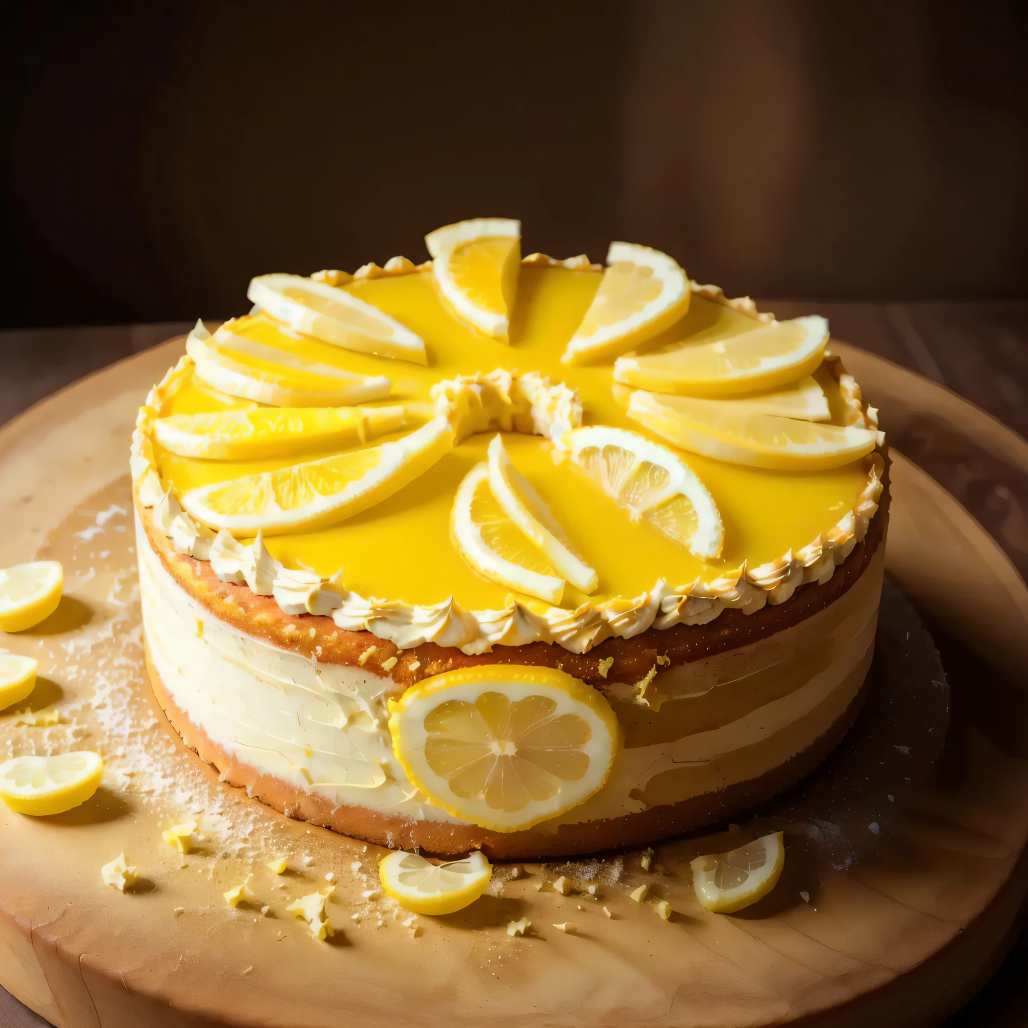 RAW photo, huge lemon cake, gel, gelatin, foodphoto, dslr, soft lighting, high quality, film grain, Fujifilm XT