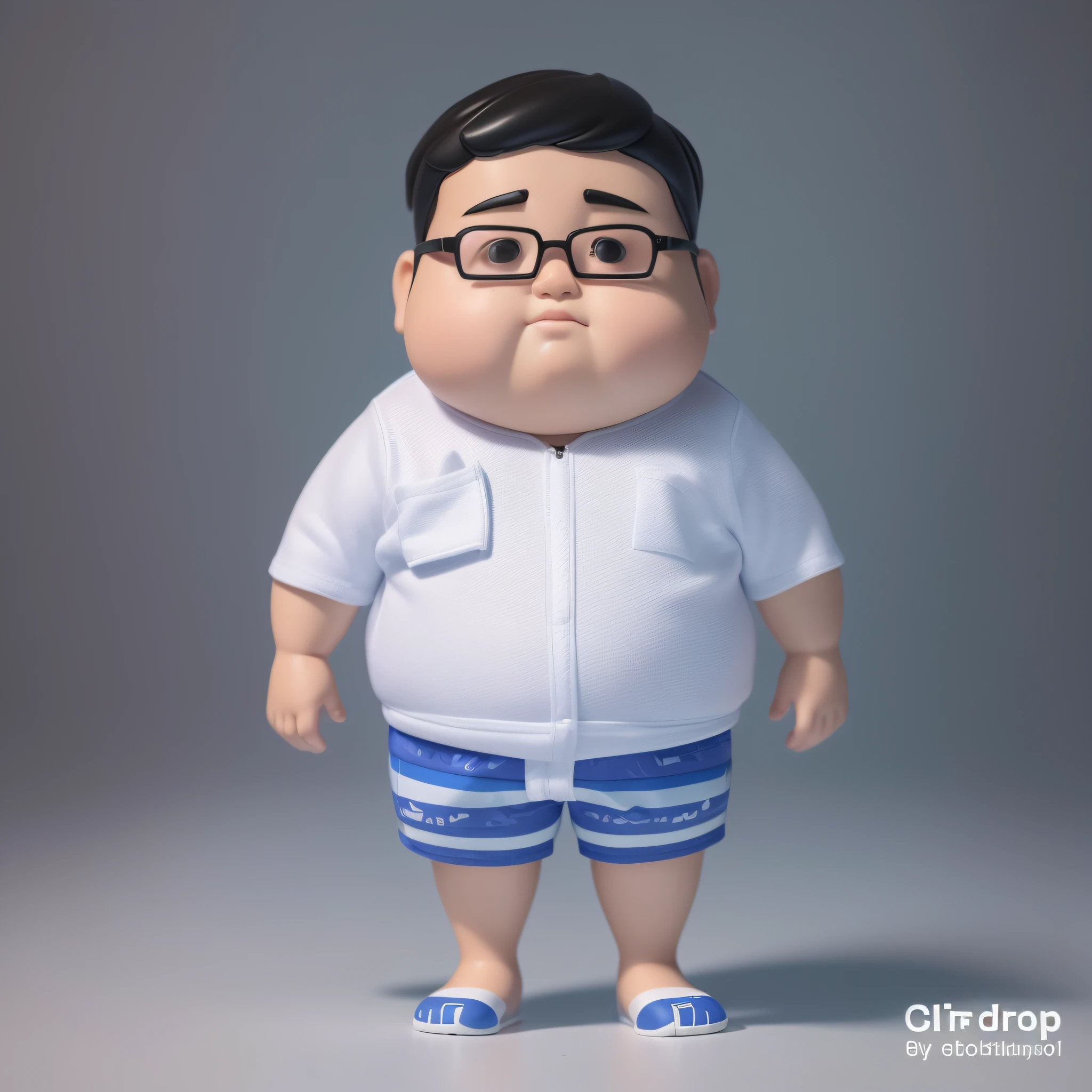 photographic portrait full body 3d render of young chubby chinese man, white tank top, denium blue shorts, small glasses, dark short hair, chubby face, as a full body funko pop!, sigma 85mm f/1.4, 15mm, 35mm, 4k, high resolution, 4k, 8k, hd, full color