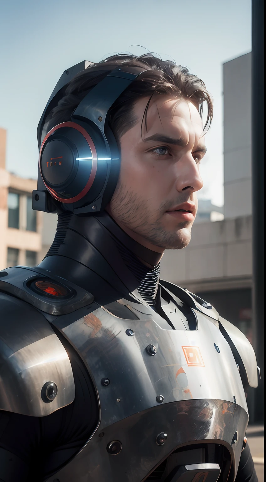 Portrait photo of an alpha male, perfect eyes, in a worn mecha suit, intricate, (steel metal [rust]), elegant, sharp focus, photo by greg rutkowski, soft lighting, vibrant colors, masterpiece, ((streets)), cowboy shot, dynamic pose,