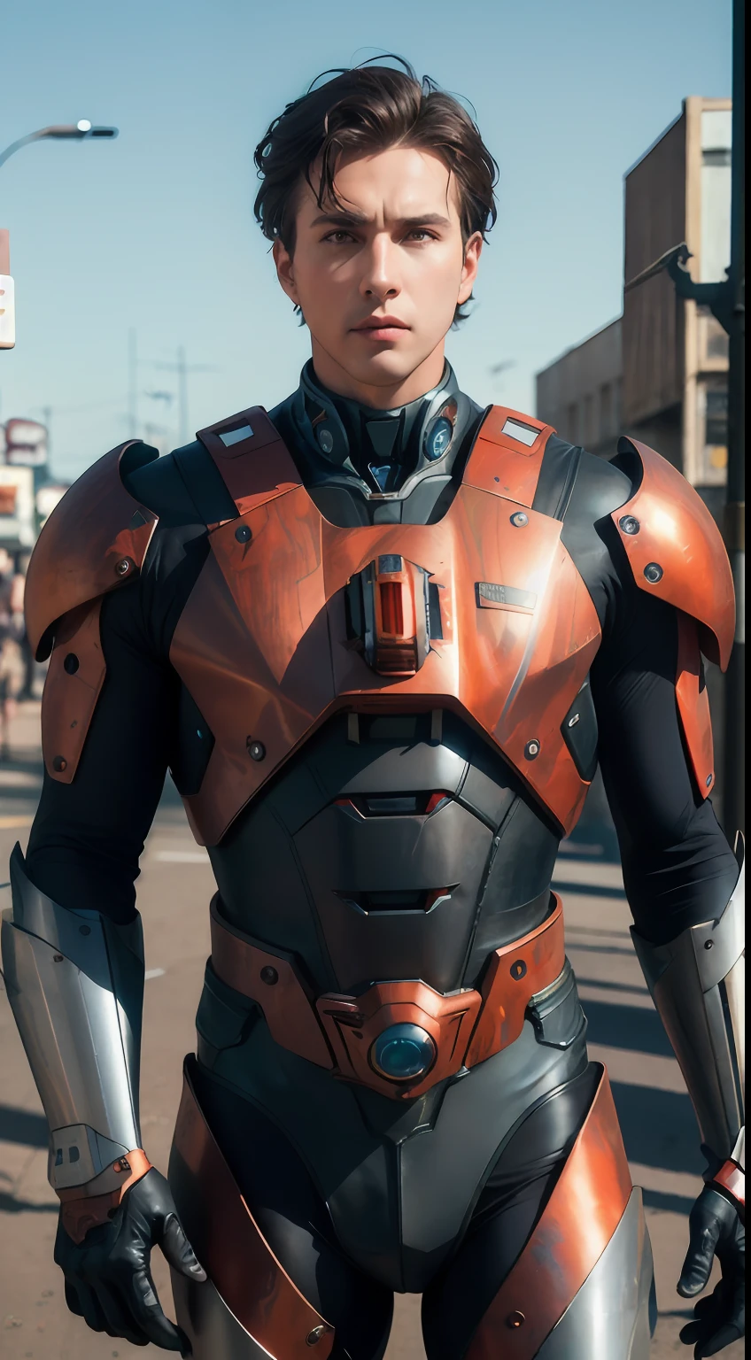 Portrait photo of an alpha male, perfect eyes, in a worn mecha suit, intricate, (steel metal [rust]), elegant, sharp focus, photo by greg rutkowski, soft lighting, vibrant colors, masterpiece, ((streets)), cowboy shot, dynamic pose,