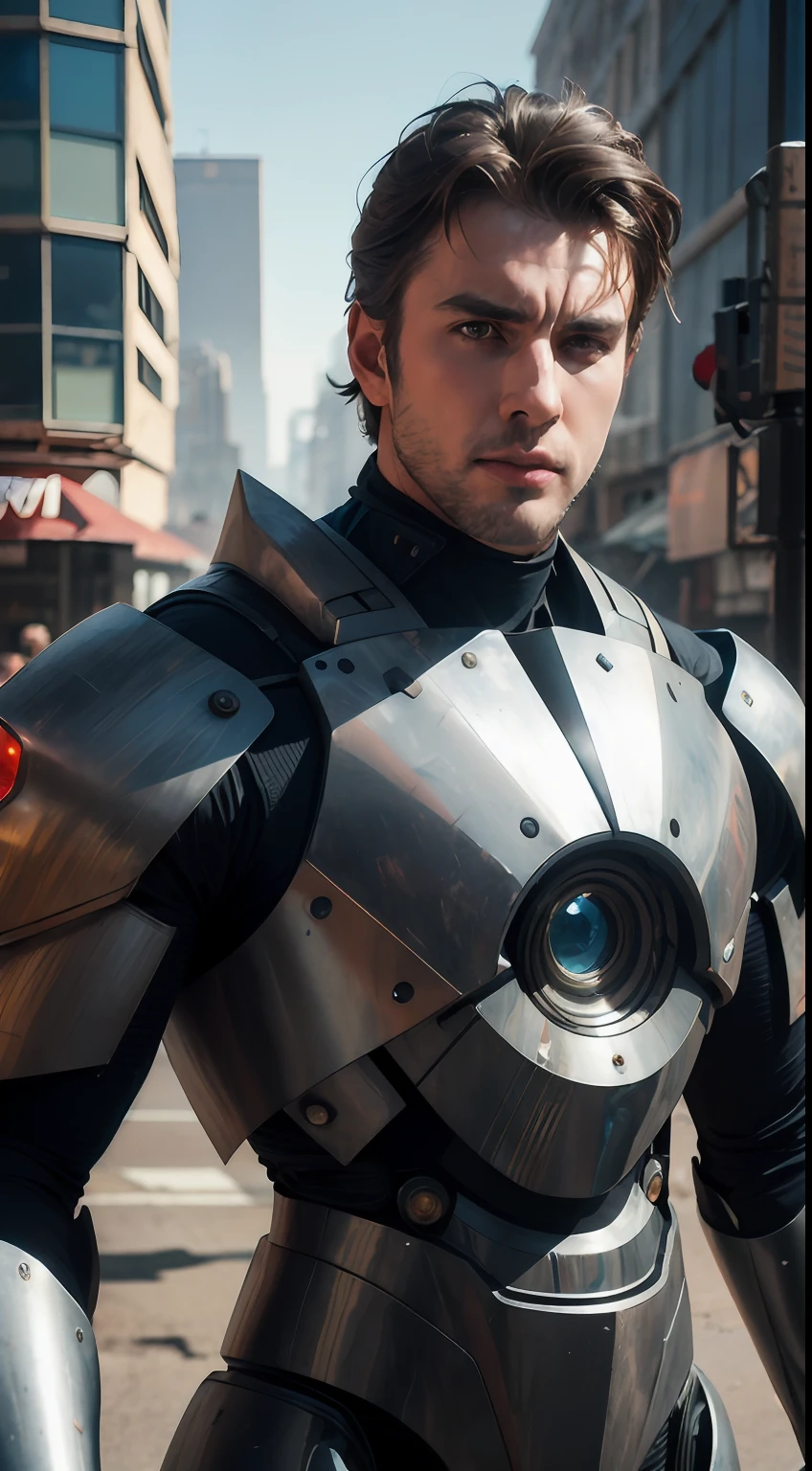 Portrait photo of an alpha male, perfect eyes, in a worn mecha suit, intricate, (steel metal [rust]), elegant, sharp focus, photo by greg rutkowski, soft lighting, vibrant colors, masterpiece, ((streets)), cowboy shot, dynamic pose,