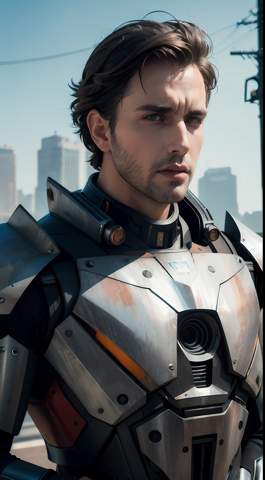 Portrait photo of an alpha male, perfect eyes, in a worn mecha suit, intricate, (steel metal [rust]), elegant, sharp focus, photo by greg rutkowski, soft lighting, vibrant colors, masterpiece, ((streets)), cowboy shot, dynamic pose,