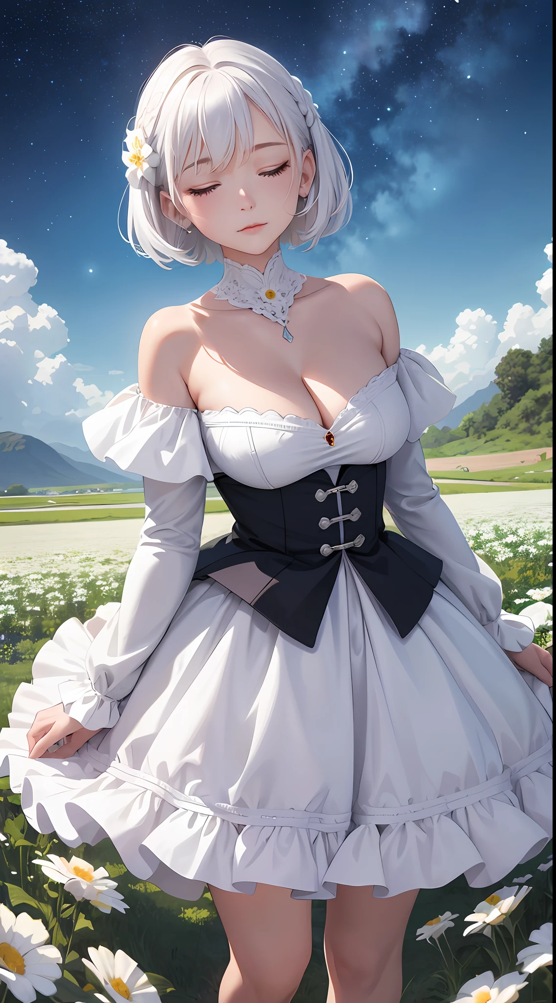 tmasterpiece， Best quality at best， 1girll， Off-the-shoulder attire，cleavage，Raised sexy，(White color hair)，short detailed hair， standing on your feet， flower  field， Behind the arm， natta， starrysky， closing her eyes， A faint smile，Bust photo，high definition detail，4k