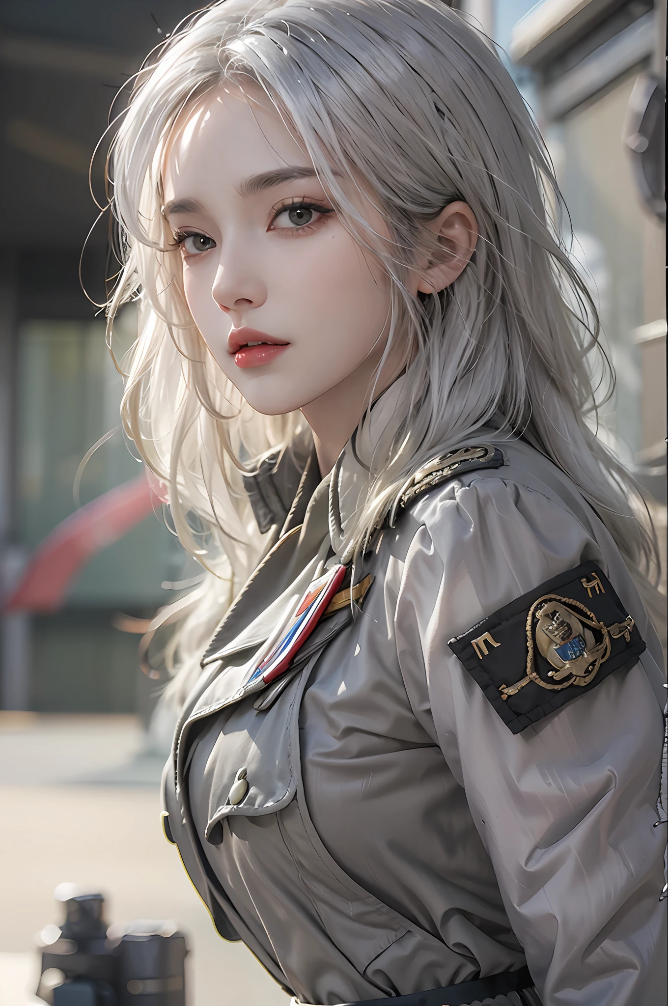 photorealistic, high resolution, 1 women, solo, hips up, look at viewer, (detailed face), white hair, long hair, military uniform, skirt