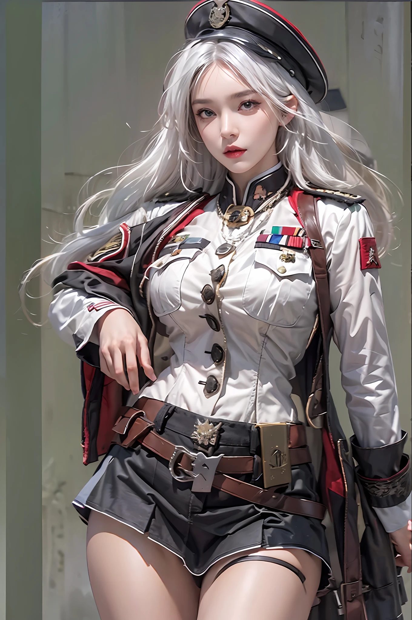 photorealistic, high resolution, 1 women, solo, hips up, look at viewer, (detailed face), white hair, long hair, military uniform, skirt
