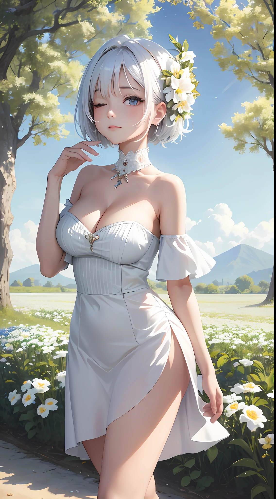 tmasterpiece, Best quality at best, 1girll, Off-the-shoulder attire,cleavage,Raised sexy,(white color hair),short detailed hair, standing on your feet, flower field, Behind the arm, natta, starrysky, closing her eyes, A faint smile,