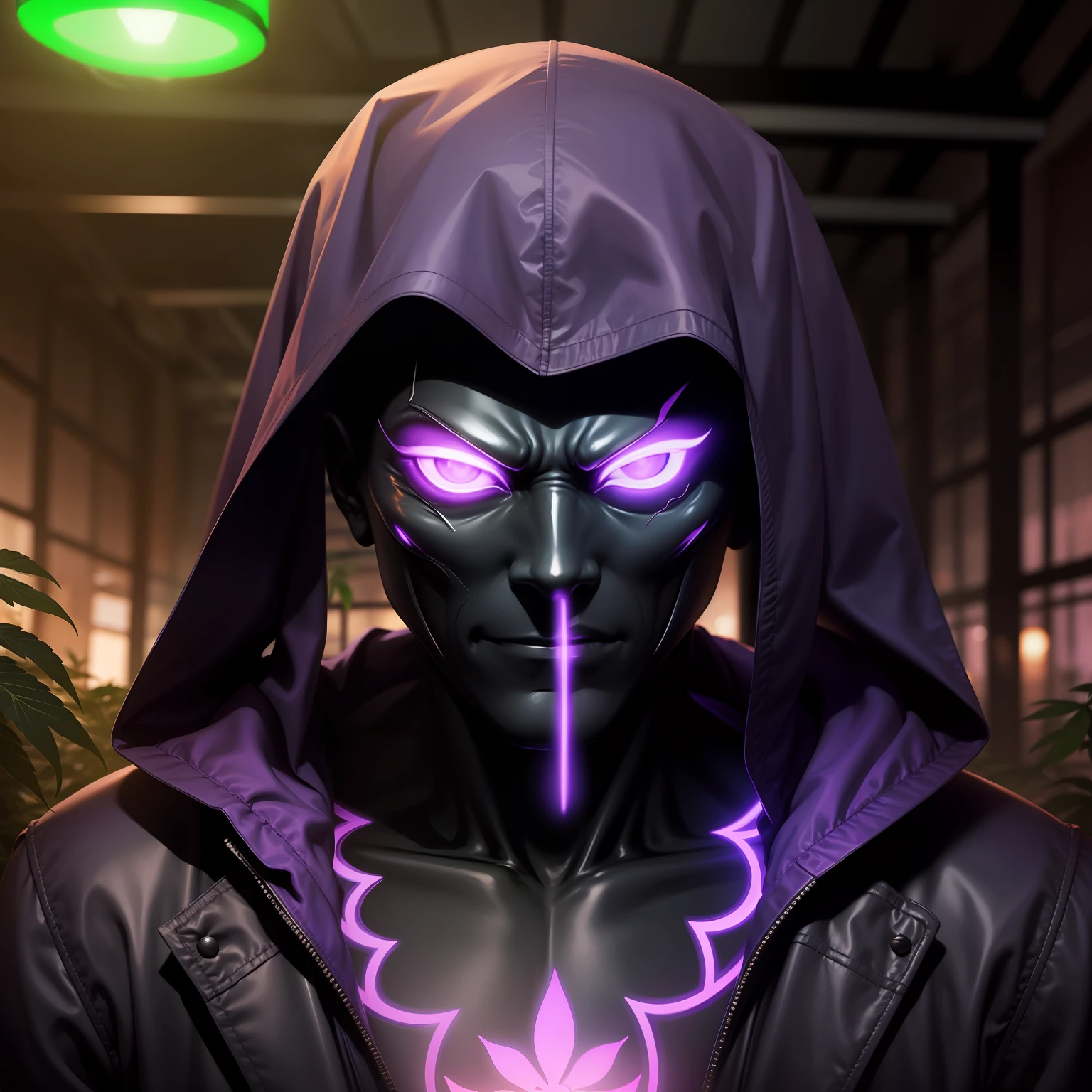 Melhor qualidade) ghost dark, Sinister masked inside cannabis greenhouse, neon purple