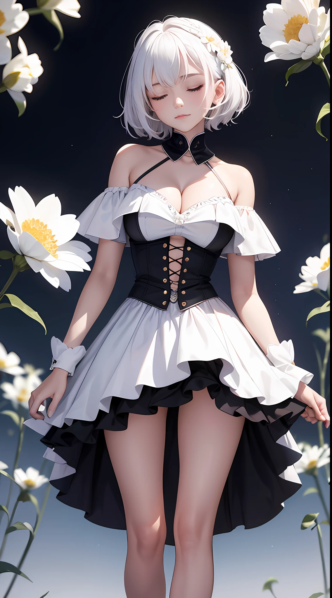 tmasterpiece, Best quality at best, 1girll, Off-the-shoulder attire,cleavage,Raised sexy,(White color hair),short detailed hair, standing on your feet, flower field, Behind the arm, natta, starrysky, closing her eyes, A faint smile,Bust photo,high definition detail,4k