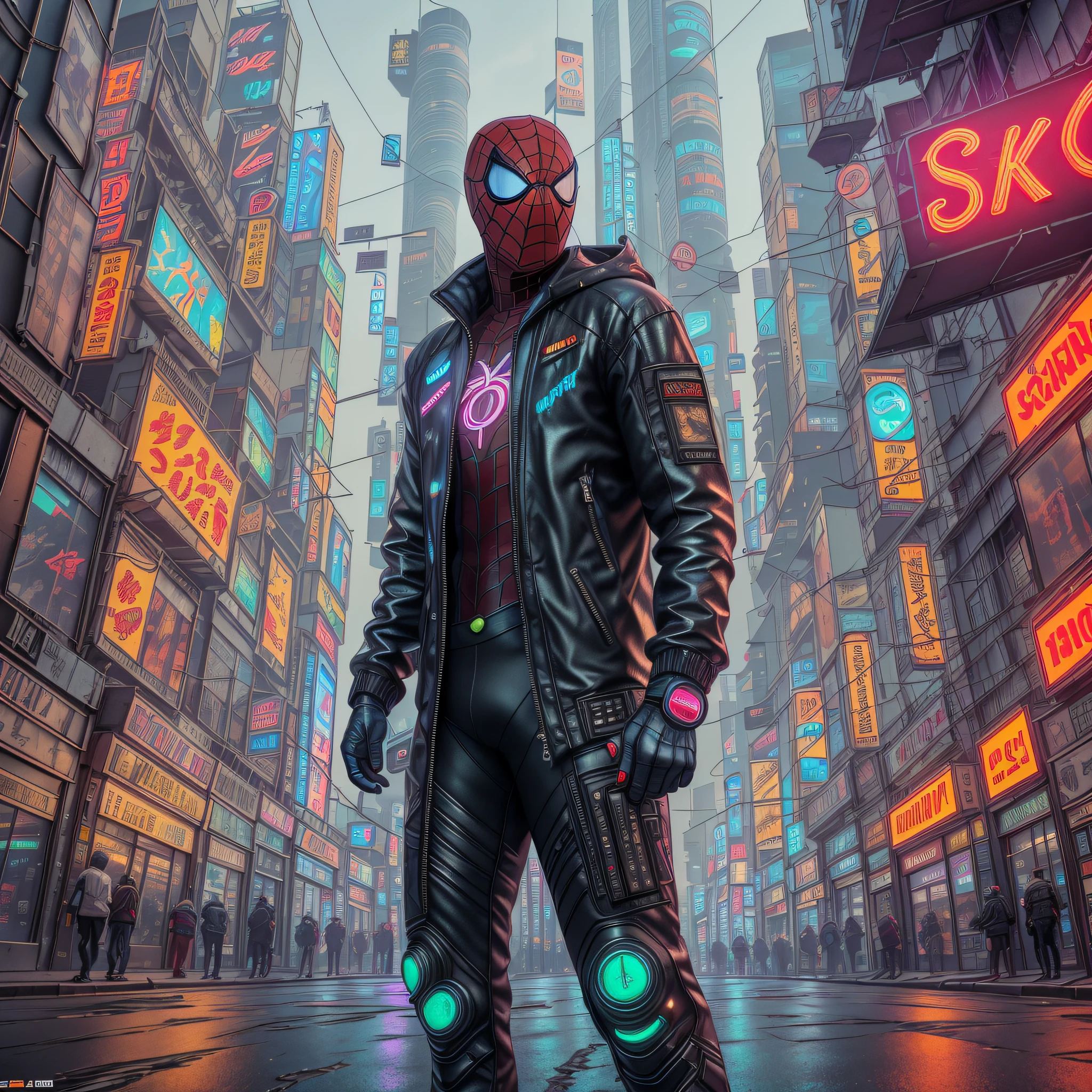 (8k, RAW photo, best quality, masterpiece: 1.2), (photorealistic: 1.6) ,A beautiful cyberpunk city, a cyberpunk Spider man with a cyberpunk coat,neon light --auto --s2