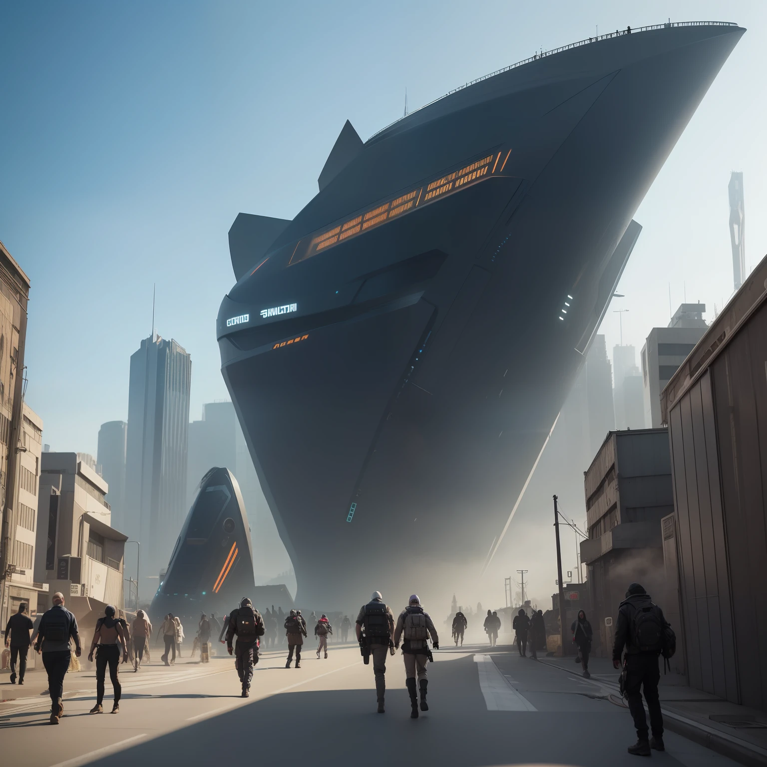 Create a realistic image, multiple people, Runaway futuristic sci-fi apocalyptic costumes, Futuristic post-apocalyptic big city background, 64k