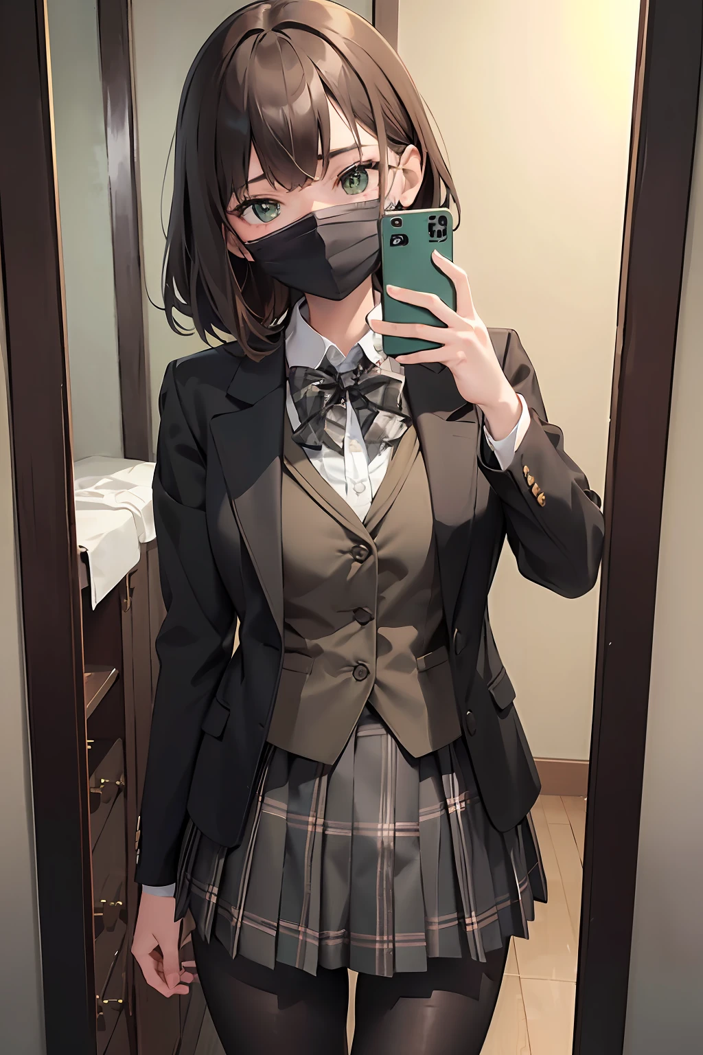 hi-school girl、selfie photo、Take a selfie in the mirror、brownish hair、(Black mask)、(Brown Blazer Uniform)、Three-piece jacket、(Green and gray plaid skirt)、(Black tights)、​masterpiece、highcontrast、cinematlic lighting、Detailed shading、top-quality、Top image quality