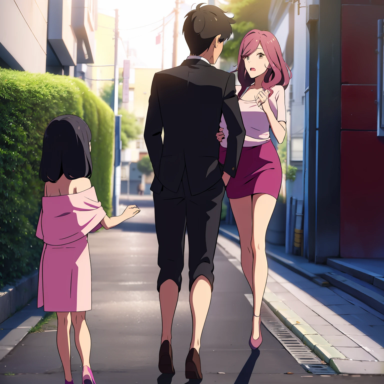 （A couple is arguing），（Black hair and pink hair），On the street，