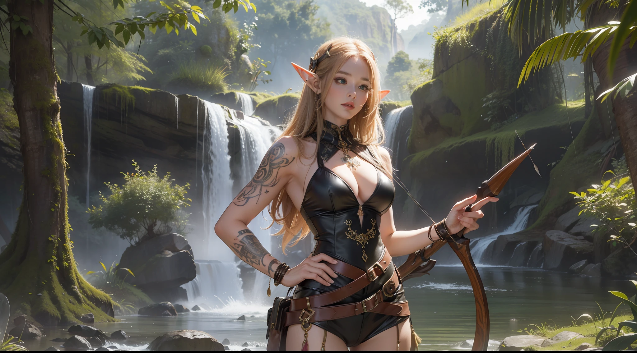 (8K,RAW photos,best qualtiy,tmasterpiece:1.2),ultra - detailed,offcial art,photo-realistic:1.37,upperbody shots,rainforests,Female elf,Large breasts,Leather clothes,bow and arrows,ornate decoration,Complex textures,Tattooed with,dynamicposes