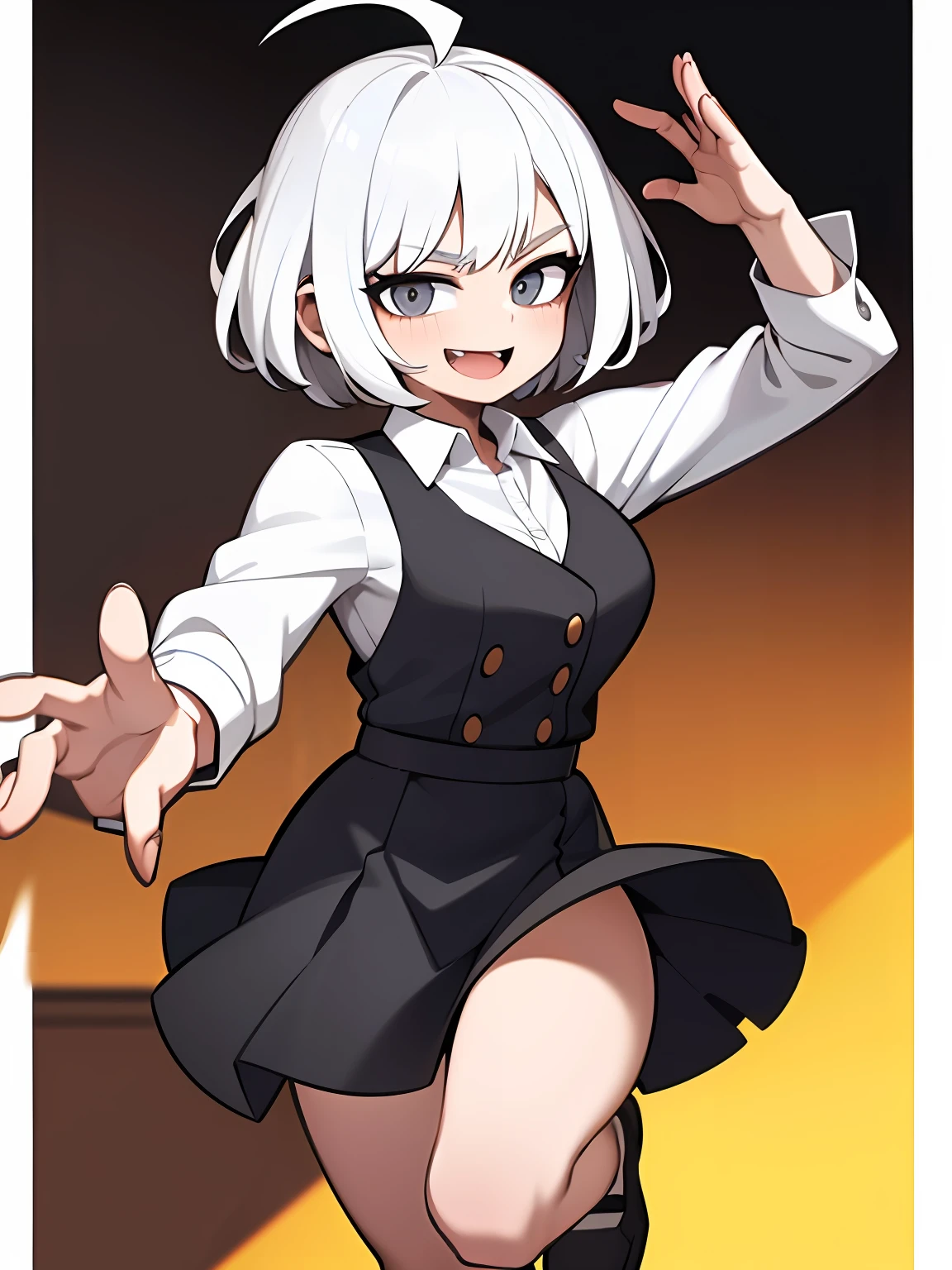 ((masterpiece, best quality)), (1girl), (solo), (female focus), (ahoge, white hair, short hair), black eyes, light smile, open mouth, ((white shirt), (buttoned shirt ), (Button gaps)), ((blackdress), (short skirt)), standing on your feet, White background, Behind your arms, dynamic angle,dancing pose