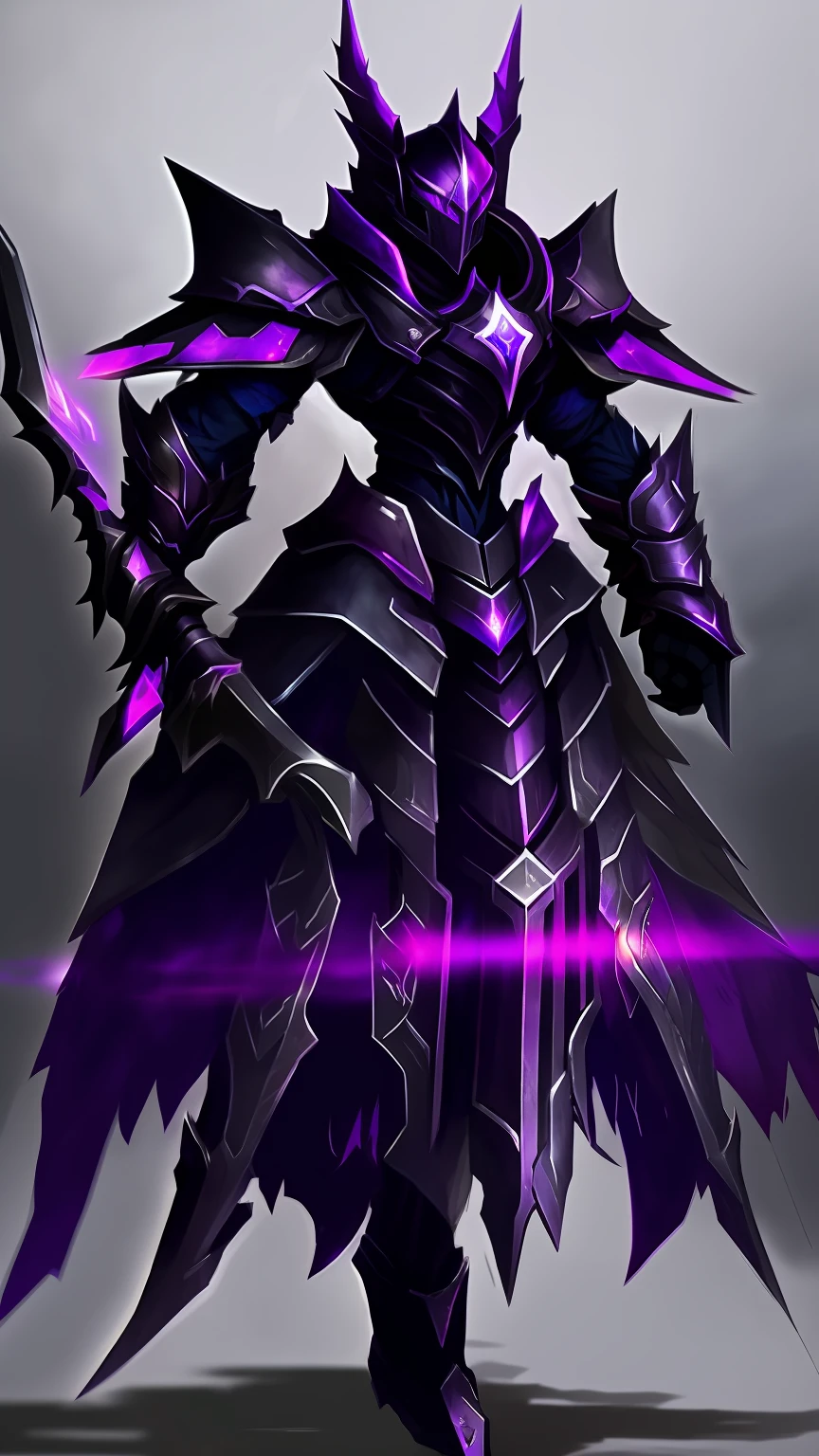 A purple and black character，With a sword and armor, sleek purple armor, Purple armor, shadow armor, Dark Armor, corrupted armor, purple glowing core in armor, nocturne from league of legends, wearing dark purple armor, grimdark paladin, sharp silver armor fuchsia skin, sleek glowing armor, fuchsia skin below the armor, obsidians skin, Black armor