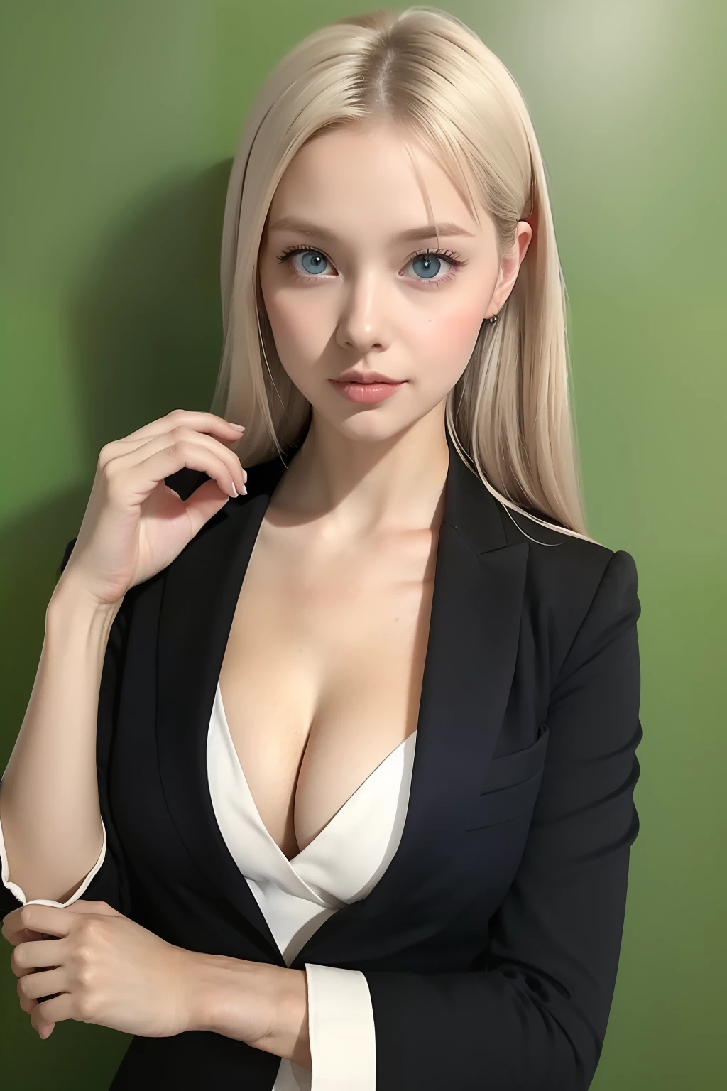 Business suit，A woman of beauty in a fantastic space, Black blazer，Tight microdress white, 18k, {{Masterpiece}}, Best quality, High quality:1.4), simplebackground，Green background，，{{[[front look}}, Photo pose)]], very pretty look face, And very nice blue eyes, cute images, cute images, {{Expose the lateral breasts}},, {{{{slim sexy body}}}}, {{{{{{Tall woman}}}}}}, {{177 cm tall}}, 独奏, upper legs, Lovely, Adorable, Pale skin, {{18to 22 years old German girl}}, look beautiful German girl and blue eyes or green eyes with platinum blonde hair color), Nordic German young girl, {{{{{{{{{{cleavage}}}}}}}}}},