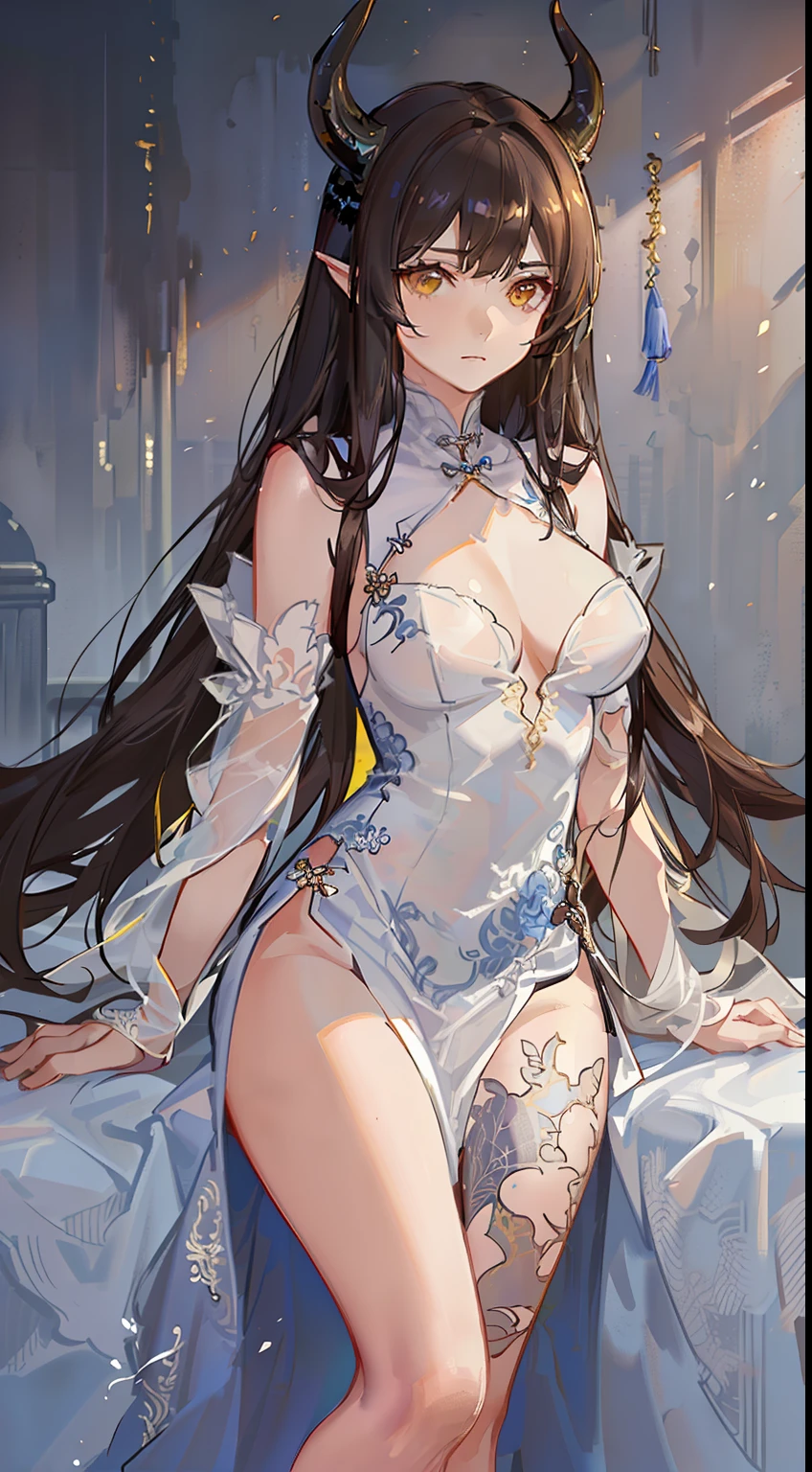 Tall girl, Long brown hair, dragon horns, Yellow eyes, white chinese dress, Gold inserts, open thighs, neckline on the chest, Masterpiece, hiquality