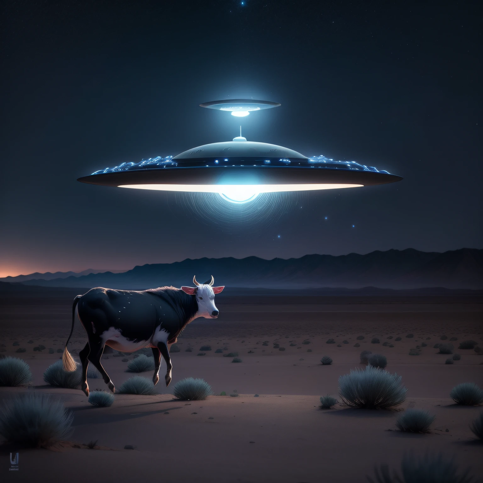 uma imagem realista de uma vaca preta e branca, levitating towards a flying saucer with a soft blue light, at night, in area 51, Nevada, Estados Unidos^)