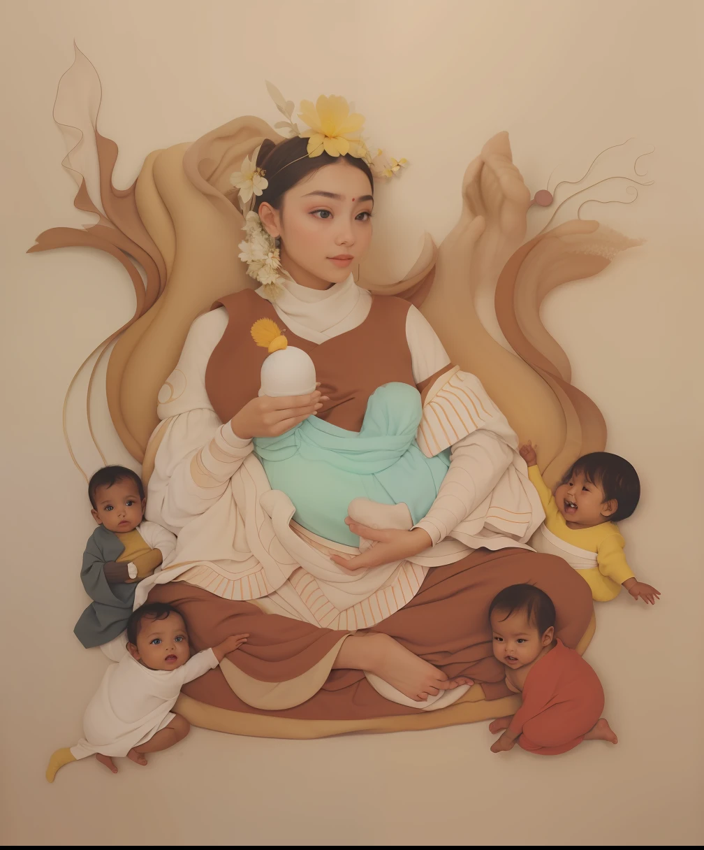 （32K，RAW photos，best qualtiy，tmasterpiece：1.6），（realisticlying，Foto realism：1.72）， In a fascinating picture，An elegant woman in India，brunette color hair，Wear an Indian sare，Light yarn flutters，Holding a bottle in his hand，Holding a small baby，There are 5 small babies around，There are 5 small babies in total，Her flowing robe，Baby's cuteness，It creates a captivating scene of harmony and otherworldly beauty。 hdr，（真实感，Masterpiece quality，best qualtiy），，PureErosFace_V1，Urzang-6500-V1 Edition.1，nice hand，Good feet，good legs，realisticlying，（Delicate beautiful eyes and delicate face)，（Clear focus，rich details​），The background is well lit，Calm expression，aliasing，depth of fields，Gentle lighting，Tone-mapping，Background highly detailed，Dramatic lighting，Shoot with a Hasselblad X2D camera and a 100mm f2.2 lenses，plethora of colors，The light is gentle，It has a super realistic texture。
