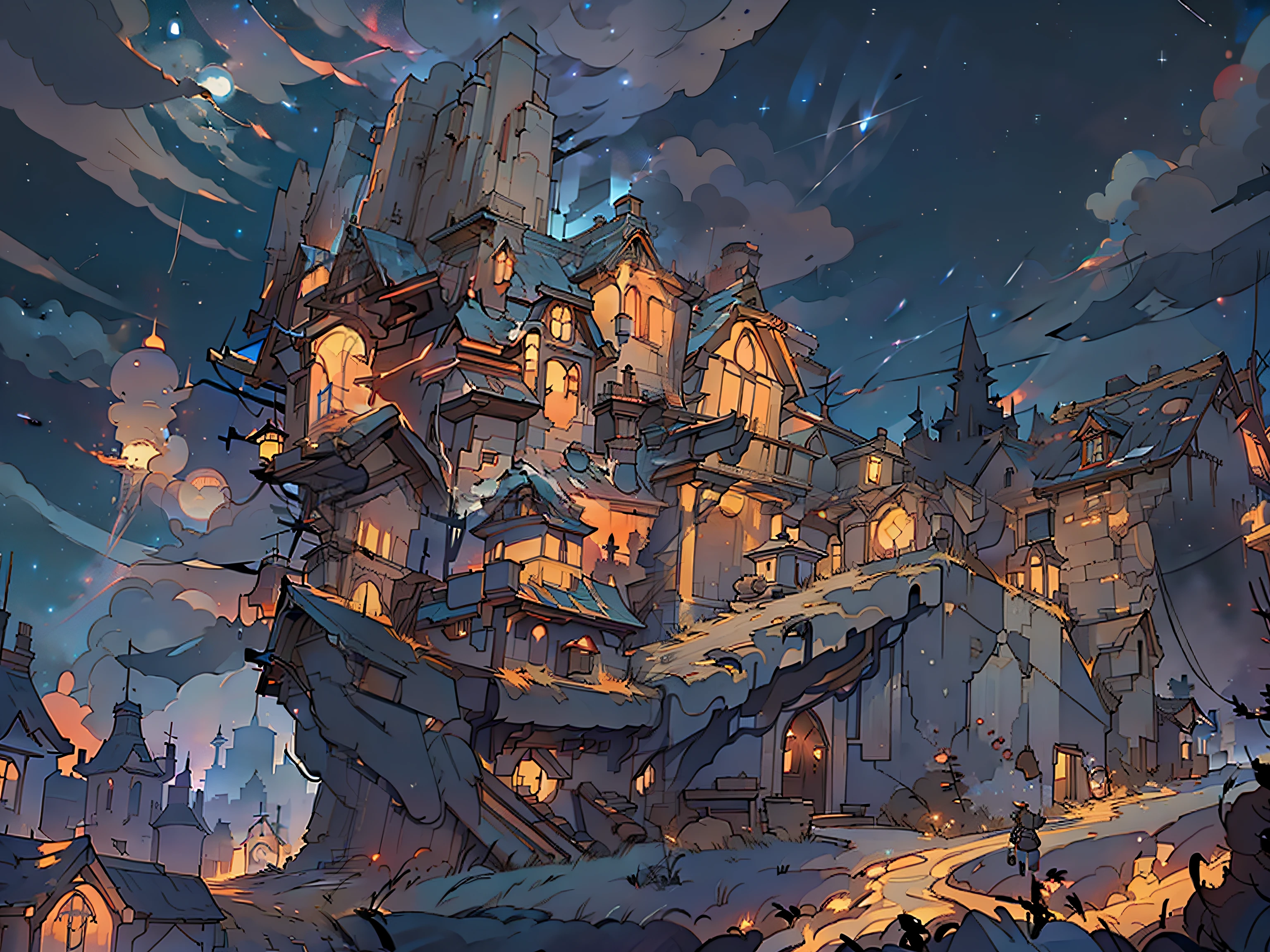 masterpiece, best quality, extremely details, gear, house, night sky, red lights, stars, universe, masterpiece, masterpiece, house, lightings, sci-fi, houses, town on the back, steam punk,