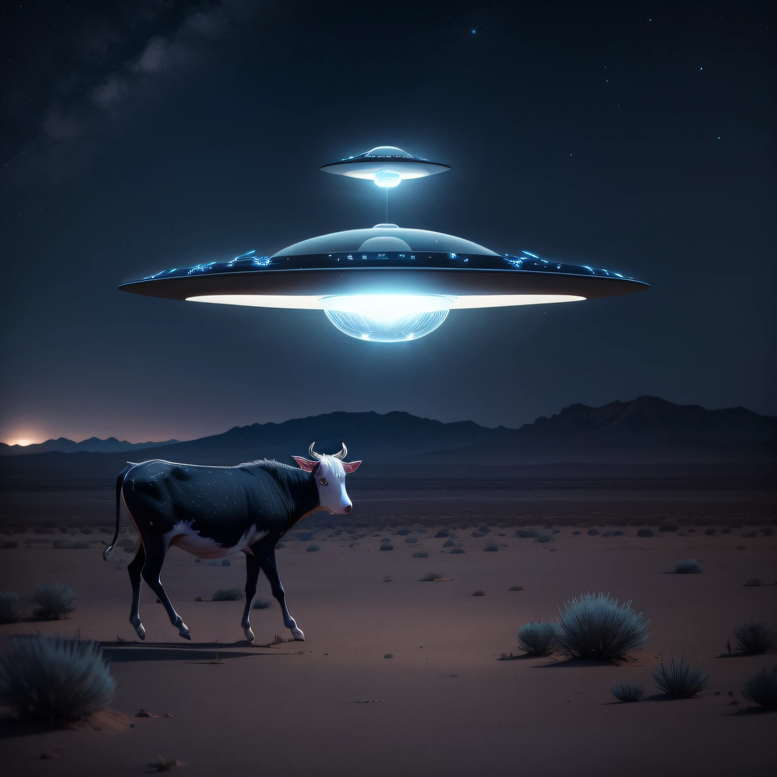 uma imagem realista de uma vaca preta e branca, levitating towards a flying saucer with a soft blue light, at night, in area 51, Nevada, Estados Unidos^)